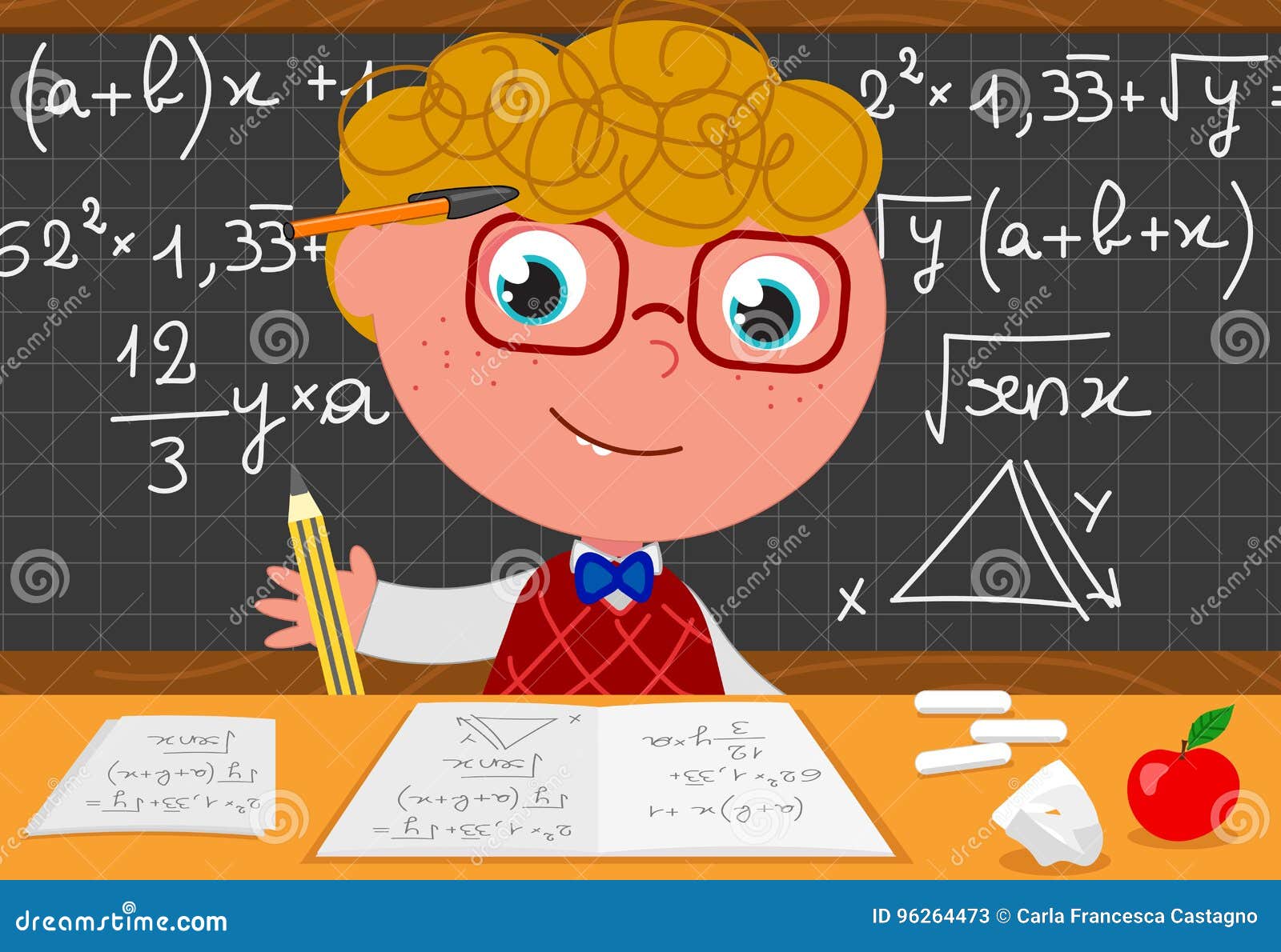 Cartoon Genius with Black Board Stock Vector - Illustration of glasses,  schoolchild: 96264473
