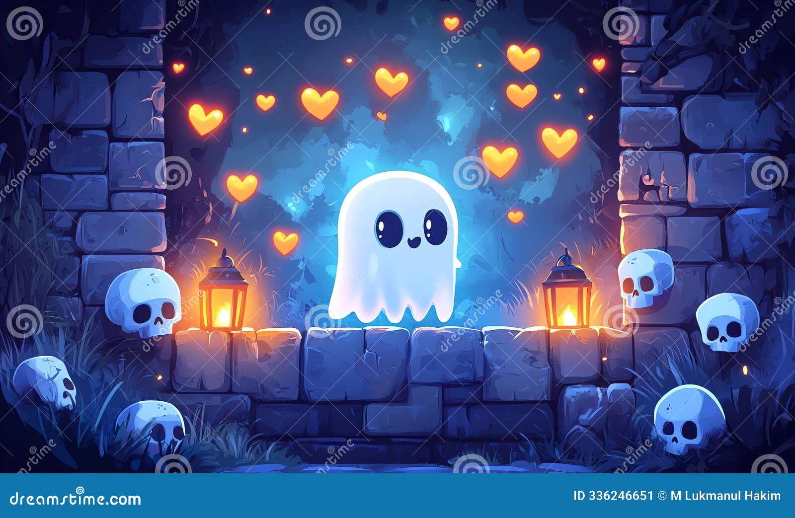 cartoon ghost floating past the wall, creepy atmosphere with lantern lit