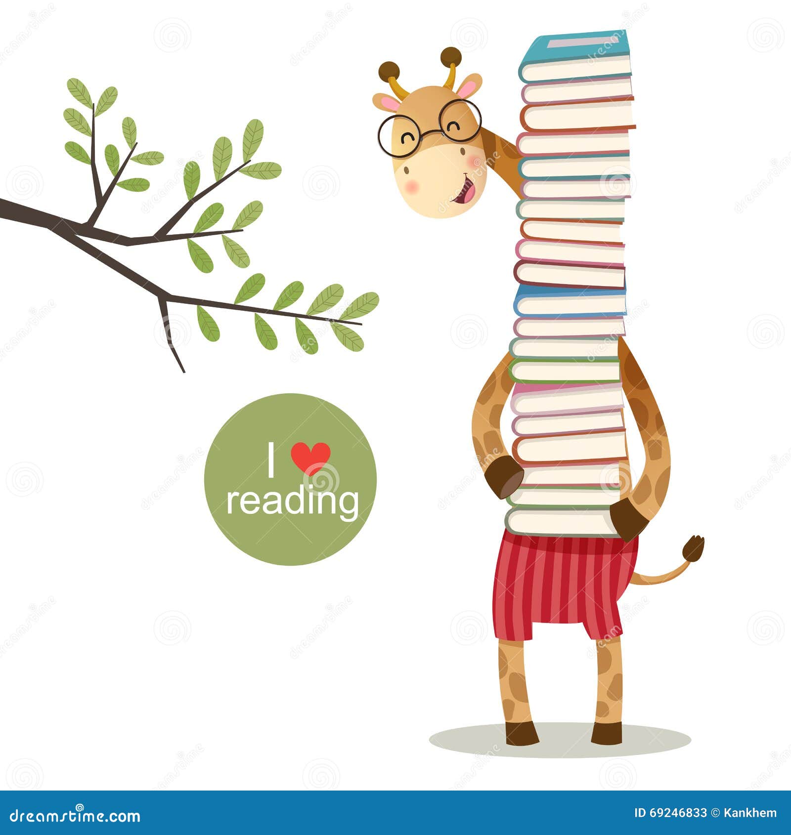 cartoon giraffe holding a pile of books