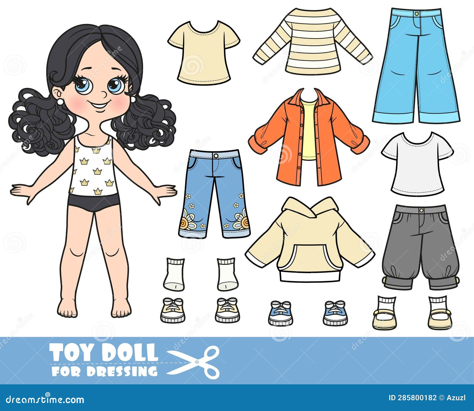 Cartoon Girl with Black Ponytails Hairstyle and Clothes Separately ...