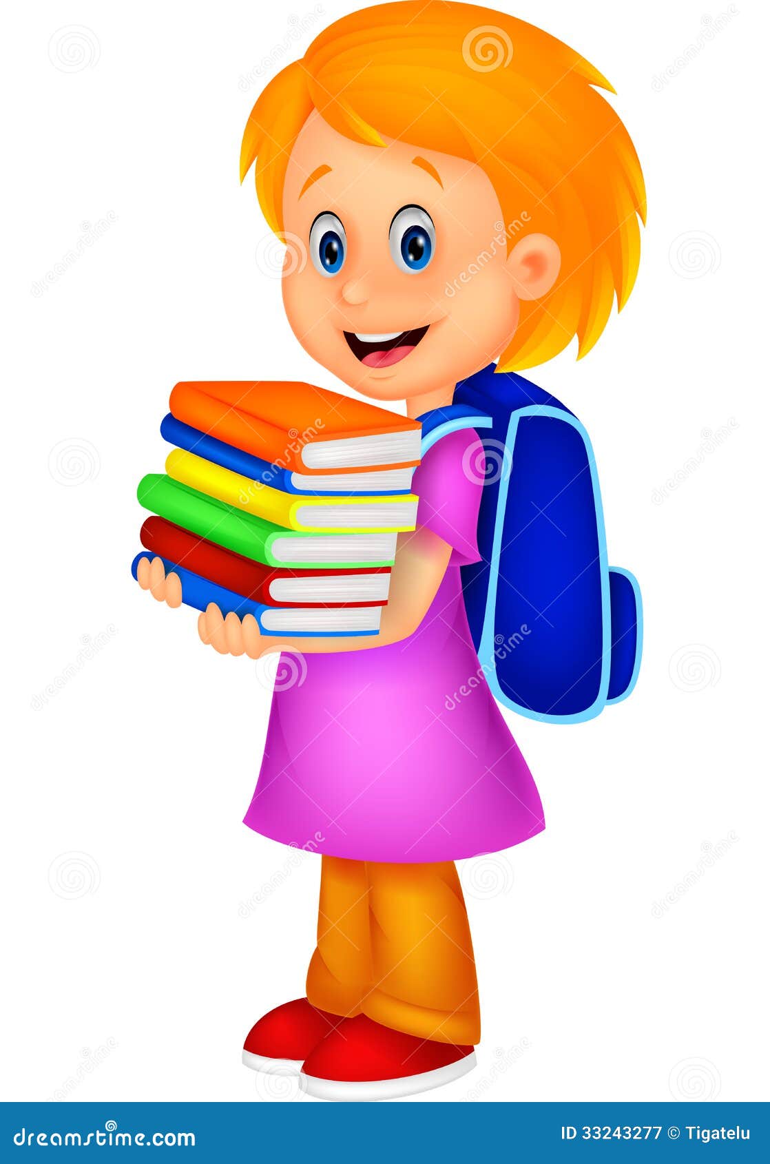 cartoon girl bring pile of books