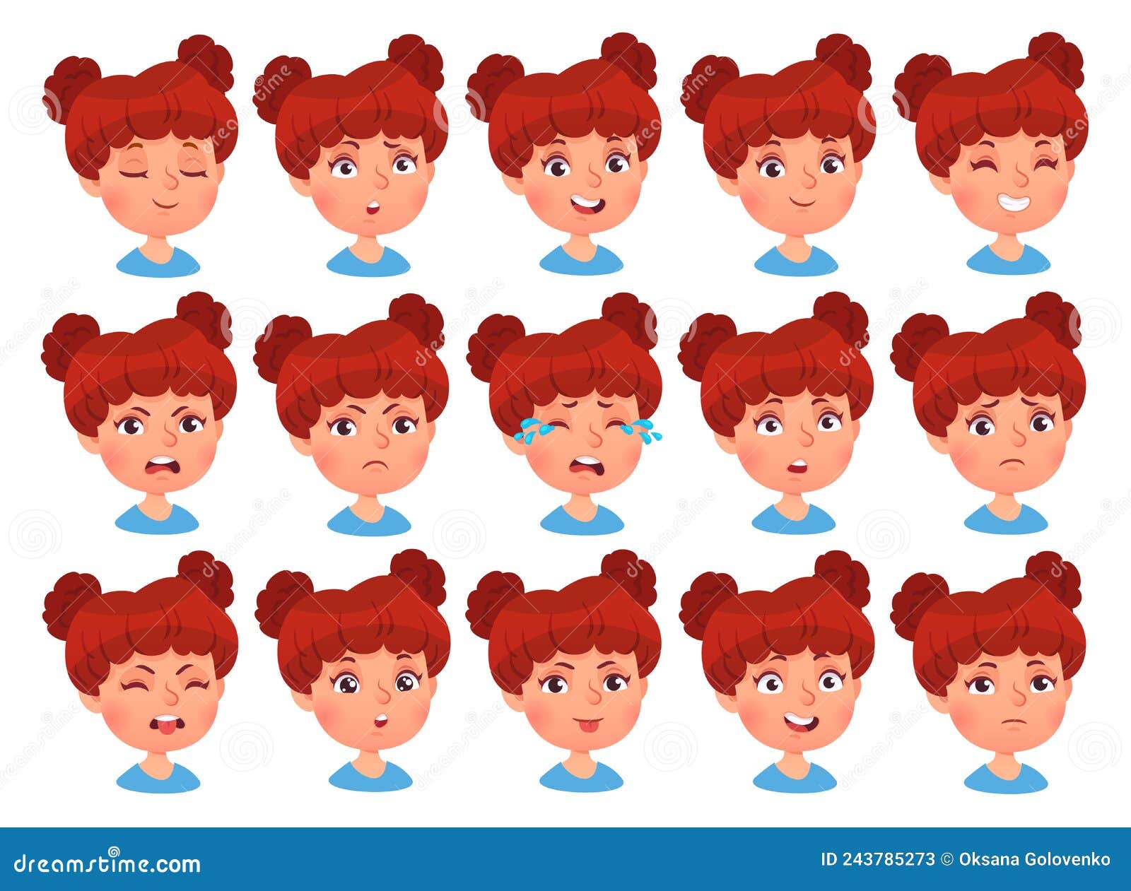 Cartoon Girl Face Emotions and Feelings. Cute Kid Character Facial ...