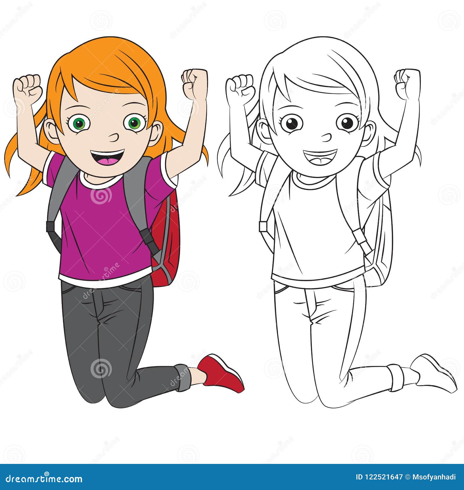 Happy Cartoon Girl Go Back To School Stock Vector - Illustration of ...