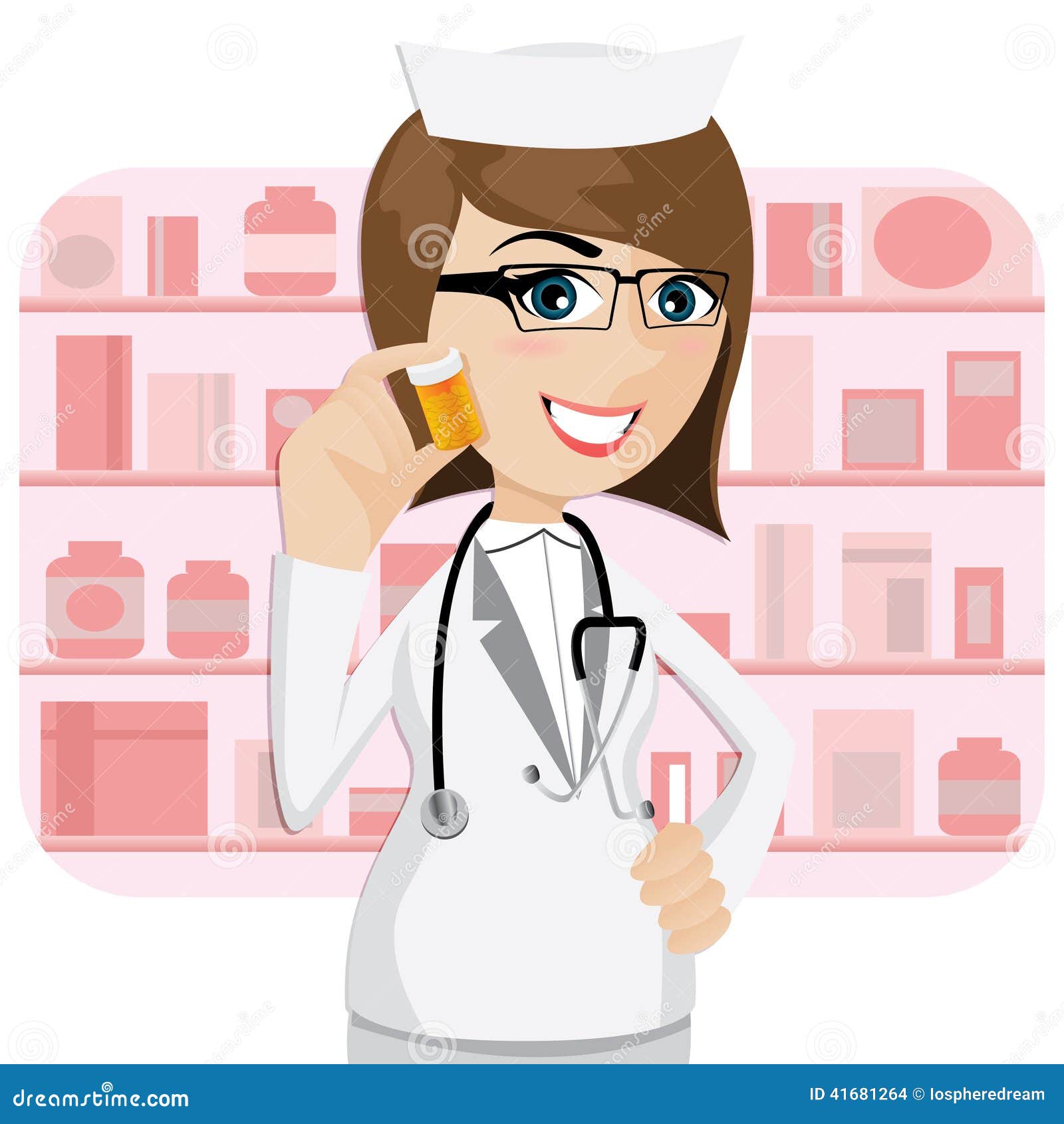 cartoon girl pharmacist showing medicine bottle