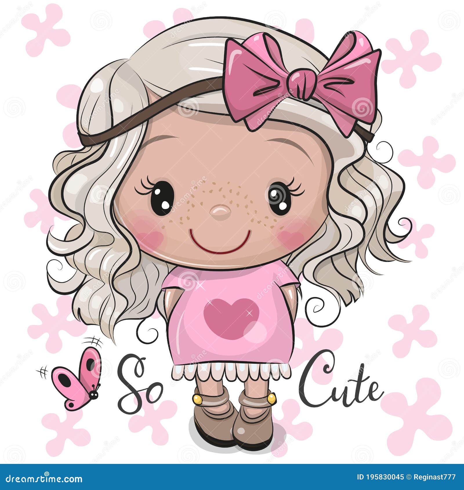 Cartoon Girl in a Pink Dress with Bow Stock Vector - Illustration of  background, beauty: 195830045