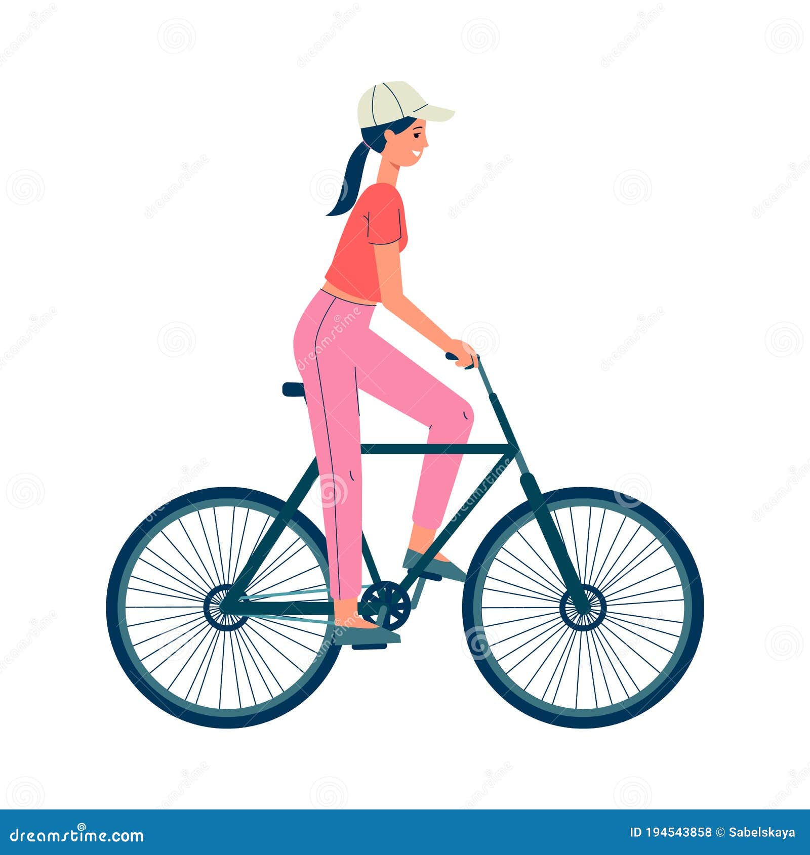 Cartoon Girl Riding a Bicycle and Smiling - Side View of Young Woman on a  Bike Stock Vector - Illustration of background, sitting: 194543858