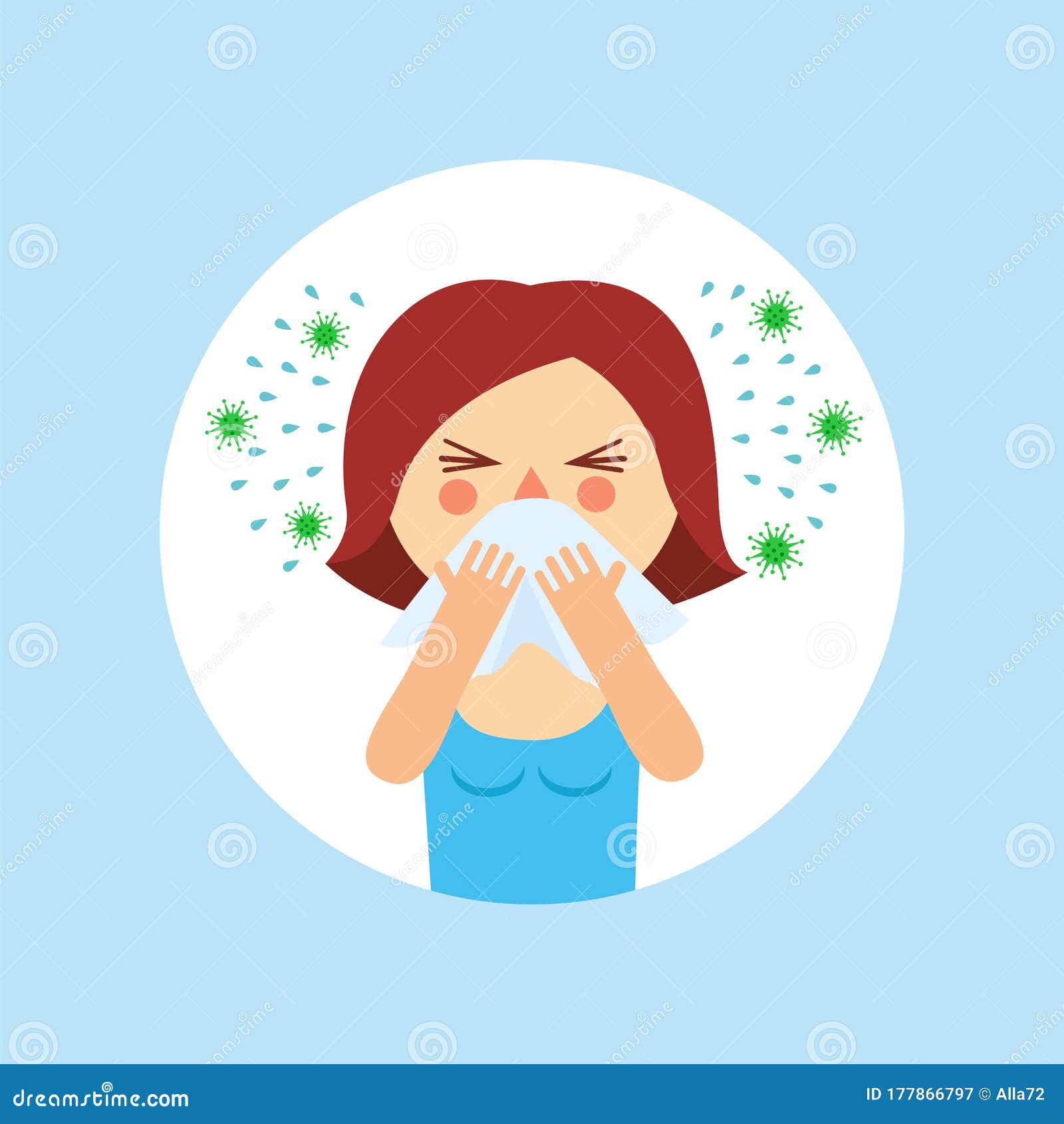 cartoon girl with a runny nose. a woman with a handkerchief sneezes, splashes and germs fly around. flu, viral disease.