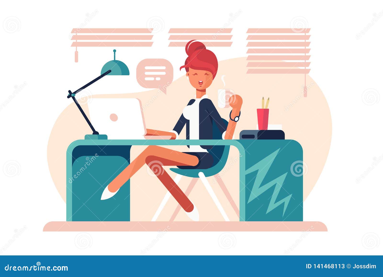 Cartoon Girl Sitting At Workplace Stock Vector Illustration Of
