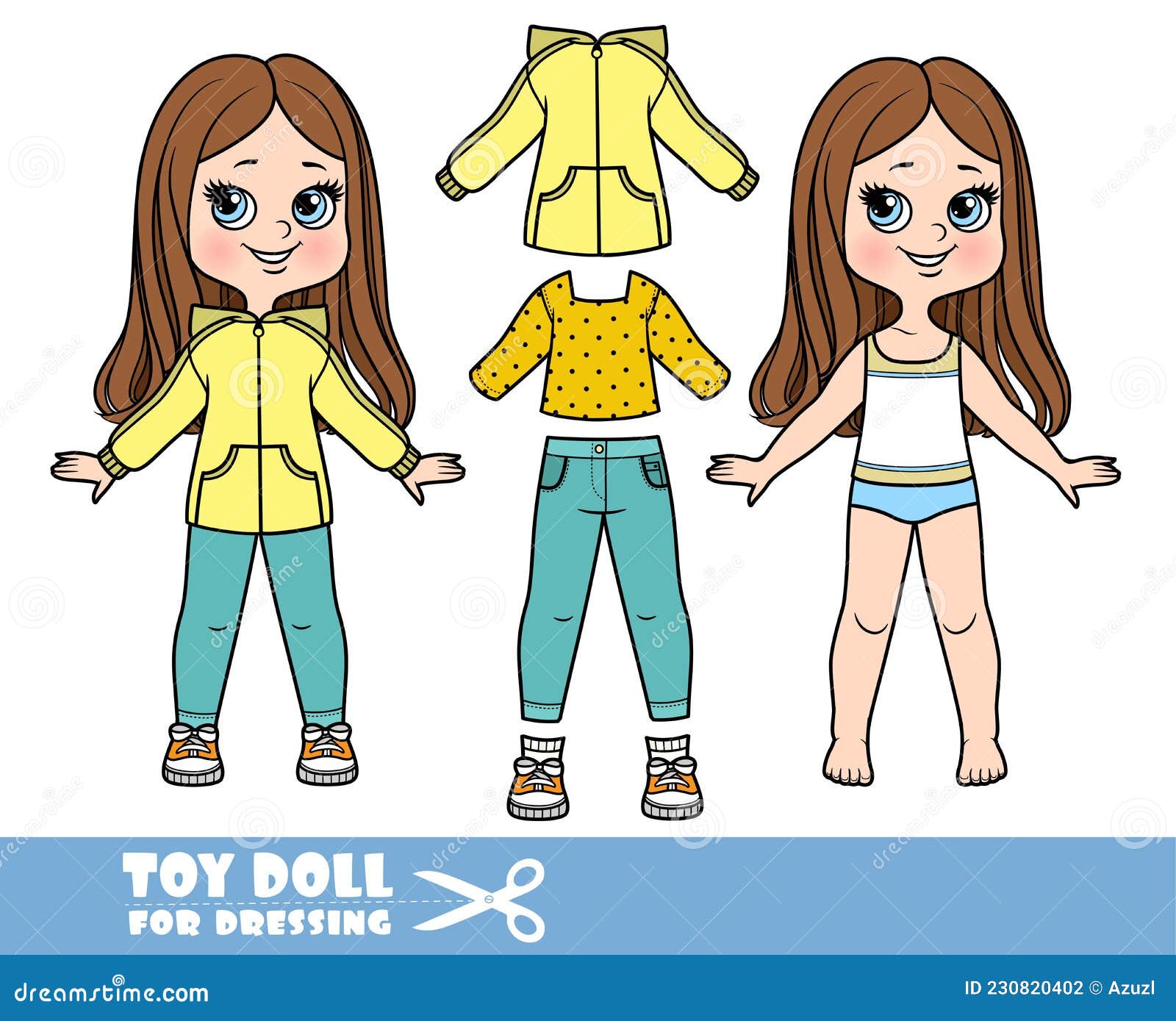 Cartoon Girl with Straight Hair Dressed and Clothes Separately ...