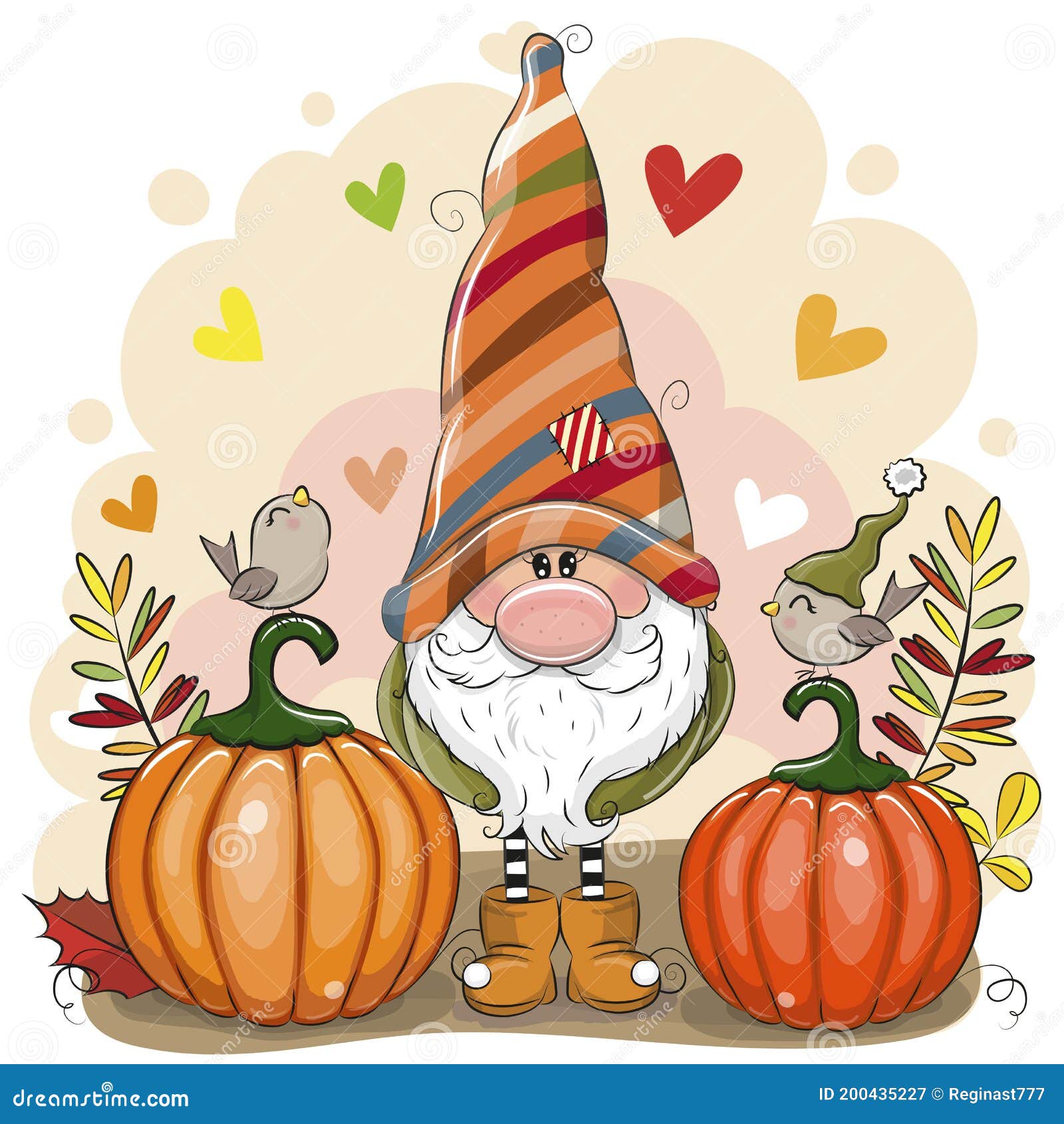 cartoon gnome with two pumpkins and birds