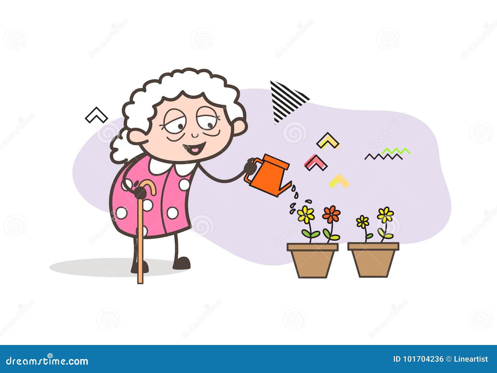 Cartoon Grand Mother Spraying Water To Flowers Vector Illustration ...