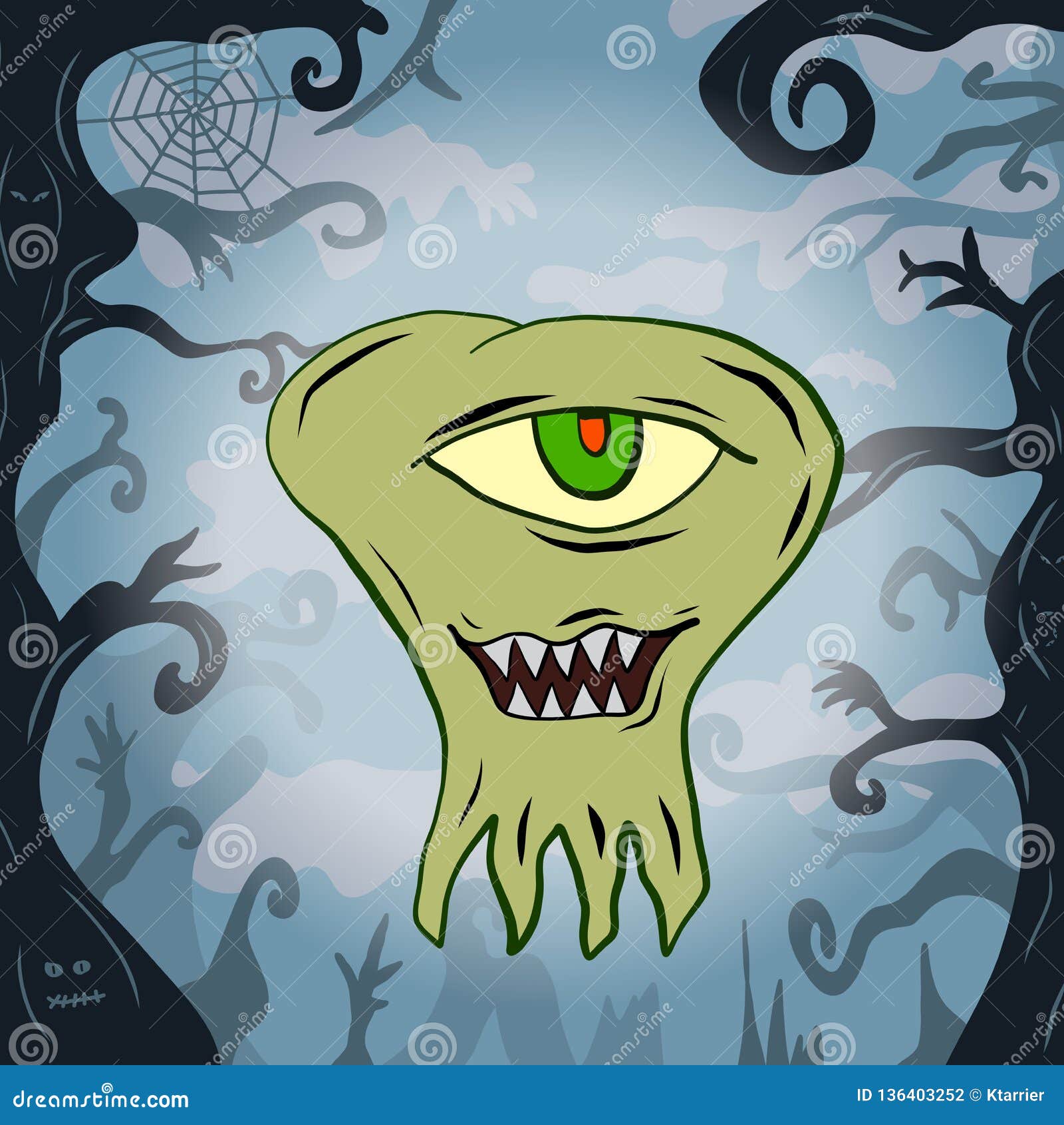 Cartoon of a Green Blob Monster in a Spooky Forest Stock Vector -  Illustration of drawing, evil: 136403252