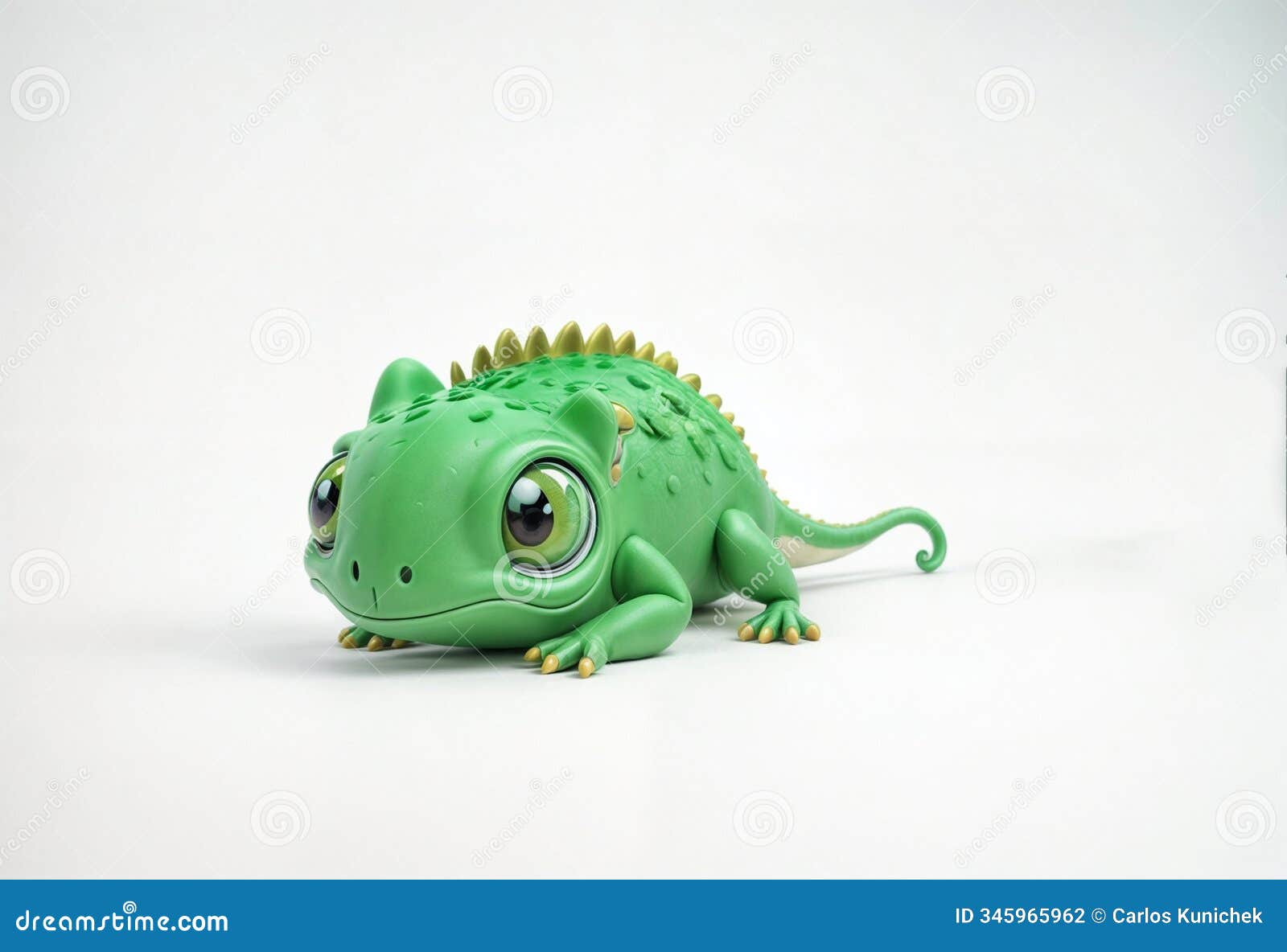 a cartoon green chameleon, bulging eyes, surprised expression, mischievous look, full body, lying on the ground, raising its