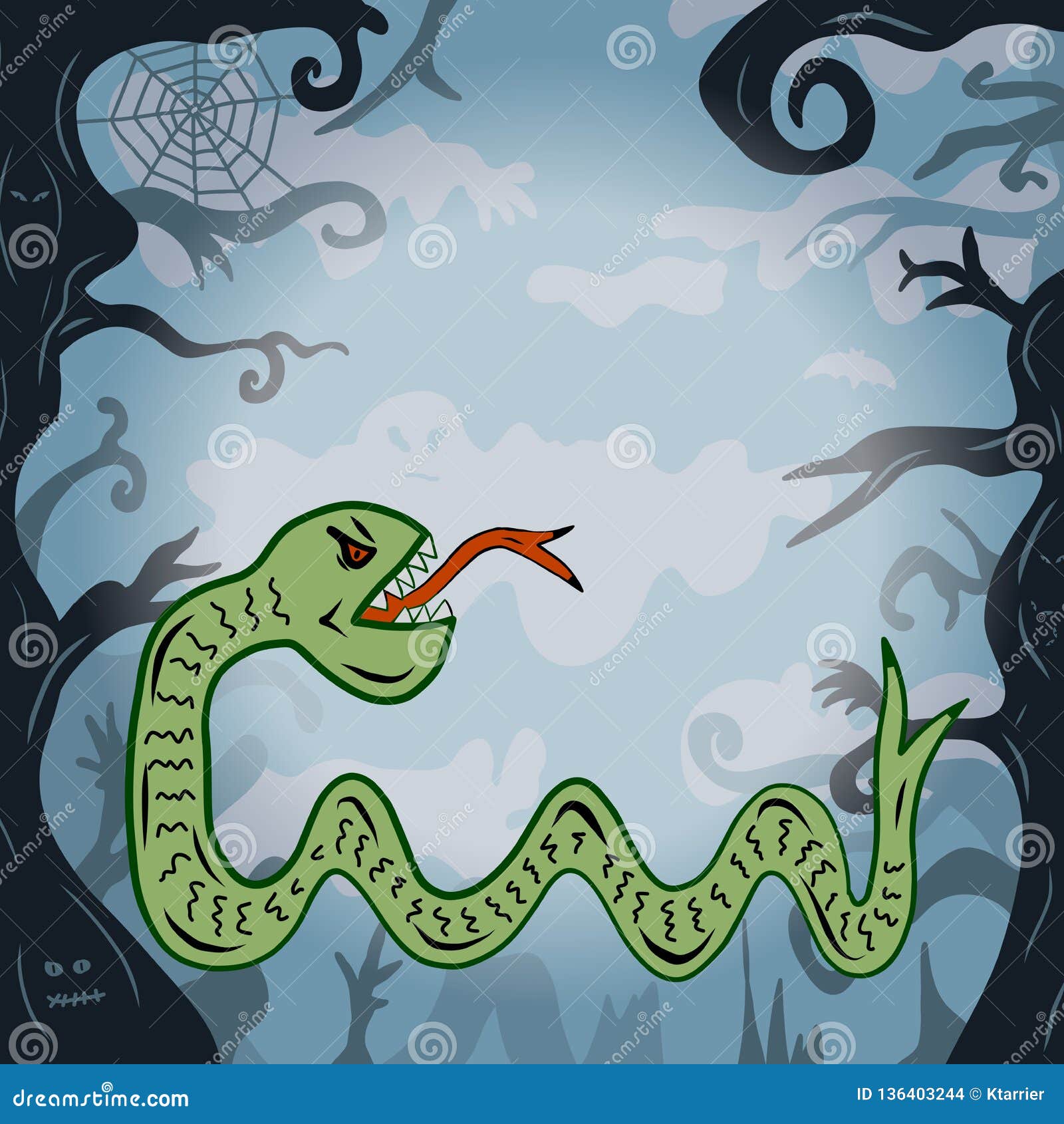Cartoon of a Green Snake Monster in a Spooky Evil Forest Stock Vector -  Illustration of hollow, background: 136403244