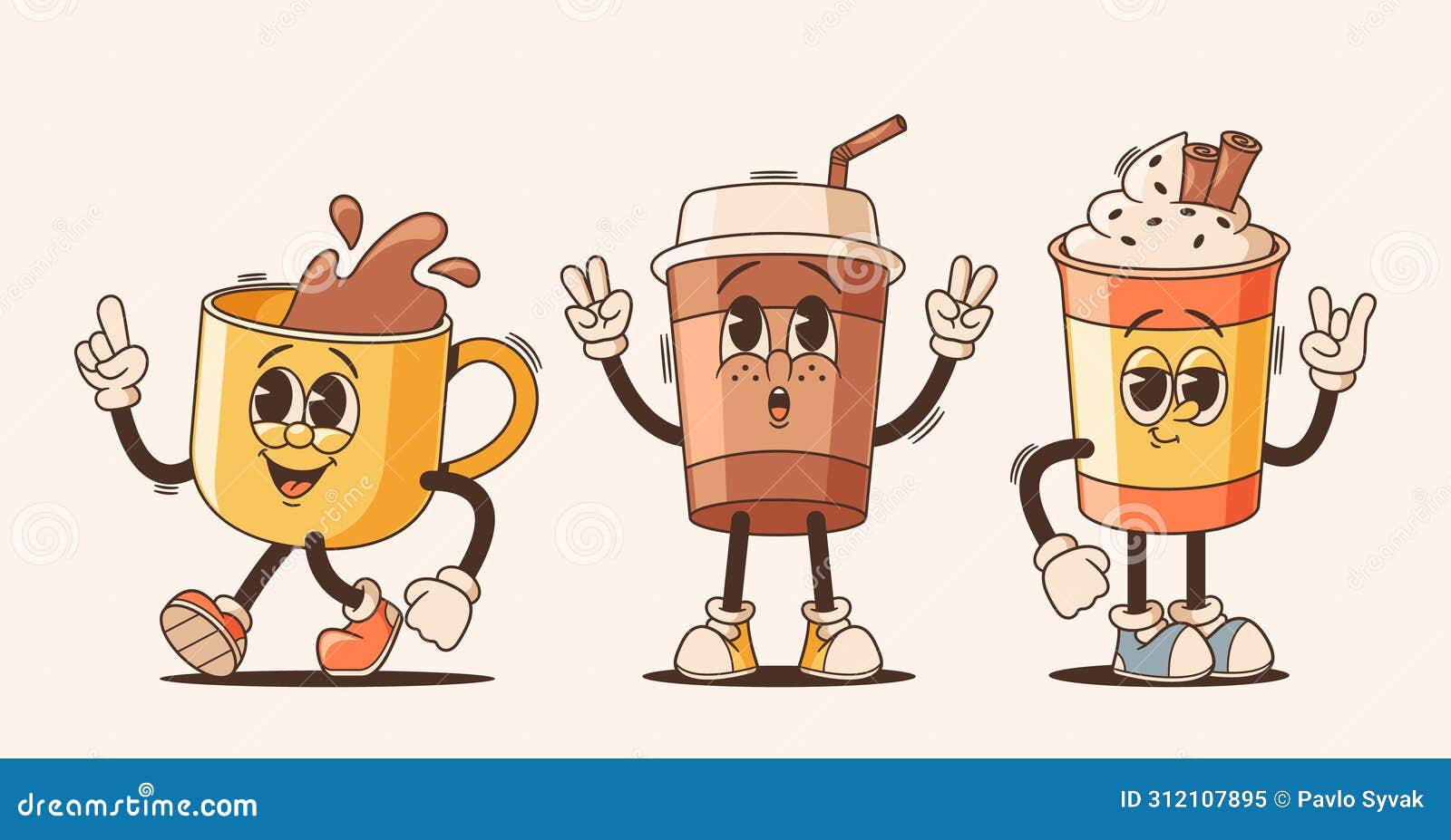 cartoon groovy cups of drinks lively anthropomorphic personages. chill tea, jazzy coffee and funky latte beverage mugs