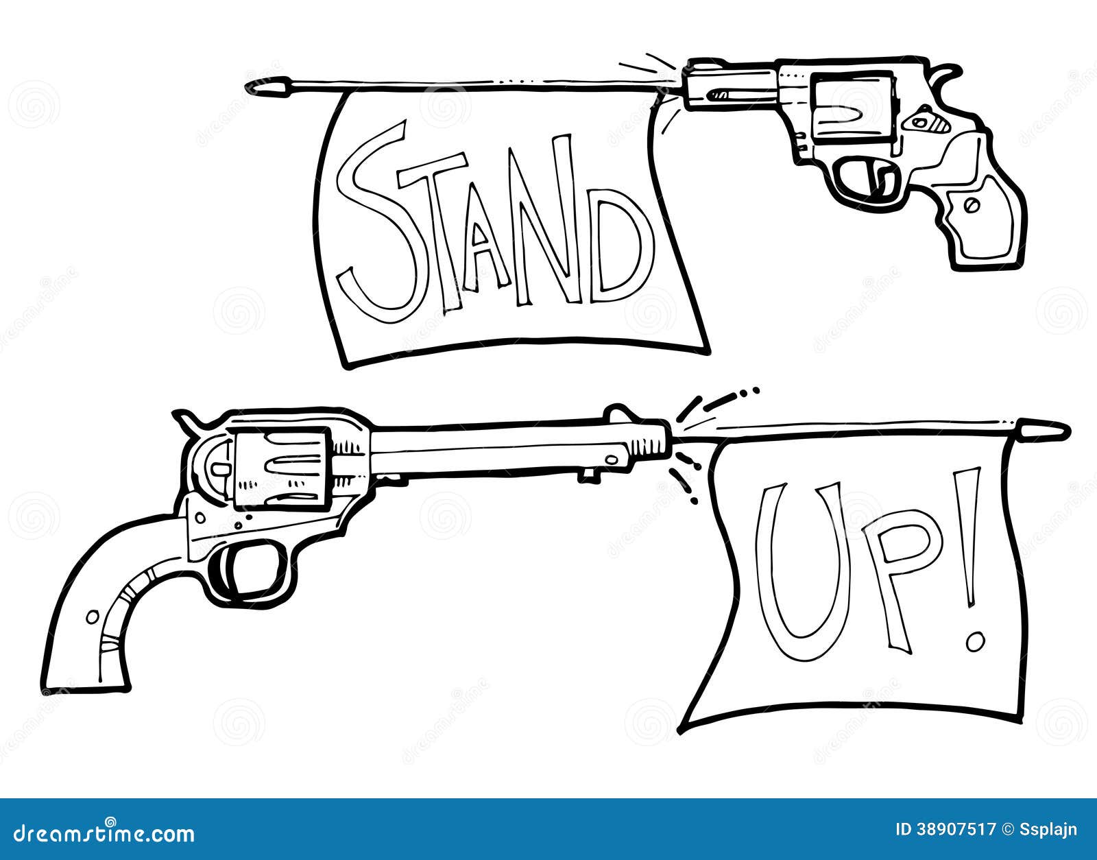 Cartoon gun and revolver with bang flag illustration. Stand up