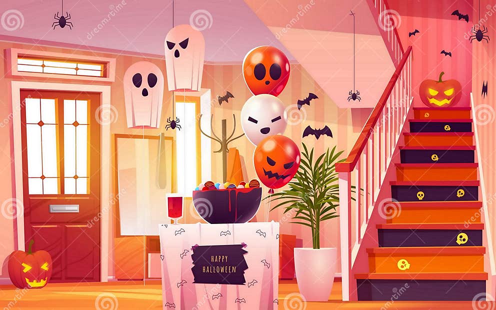 Cartoon Hall Halloween Interior Vector Illustration Stock Vector