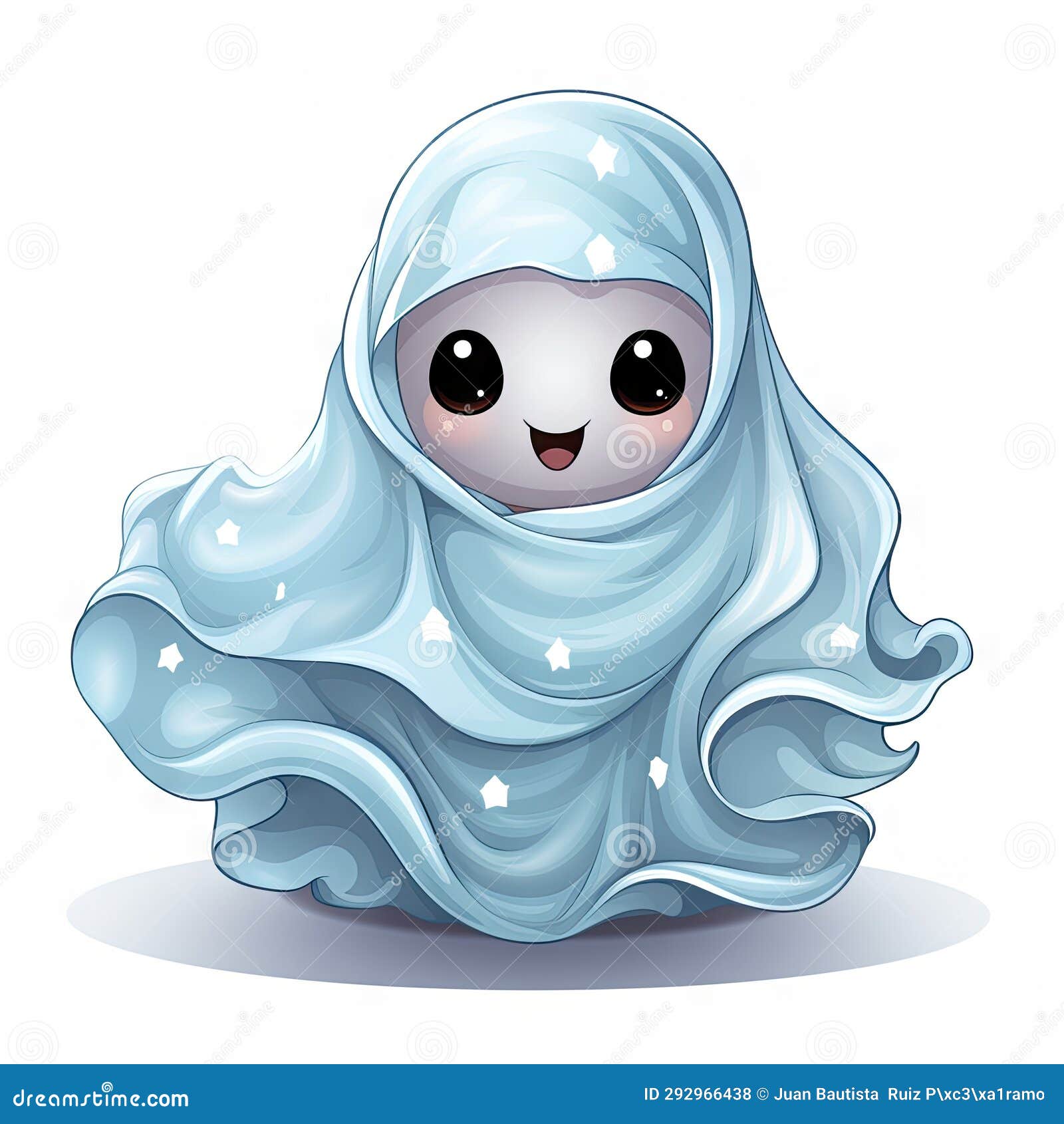 Cartoon Halloween Kawaii Ghost Character Holding Candies. Isolated