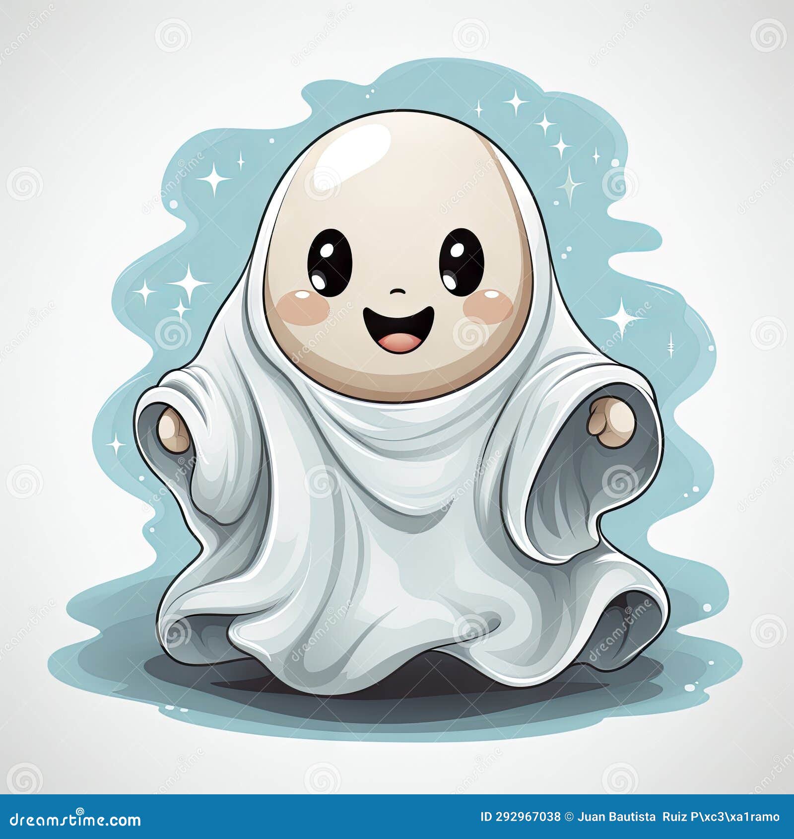 Cartoon Halloween Kawaii Ghost Character Holding Candies. Isolated