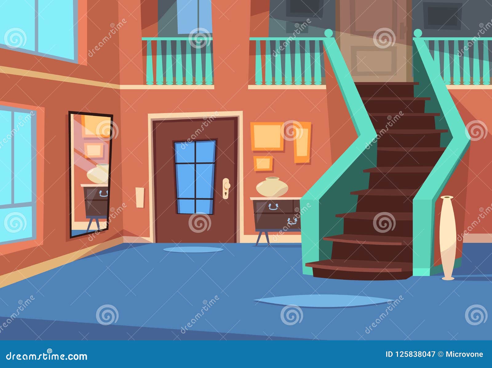 Cartoon Hallway. House Entrance Interior with Stairs and Mirror Stock  Vector - Illustration of home, floor: 125838047