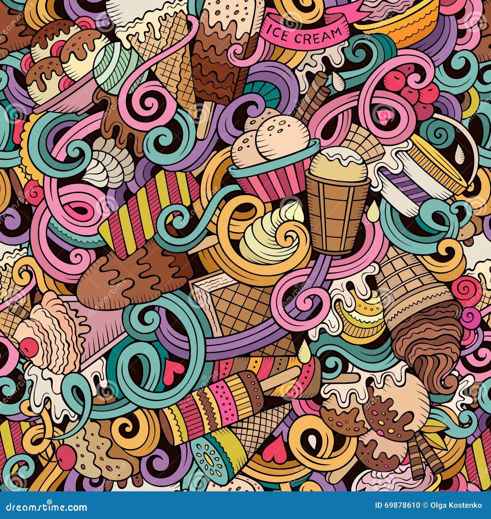 Cartoon Hand-drawn Ice Cream Doodles Seamless Pattern Stock Vector ...