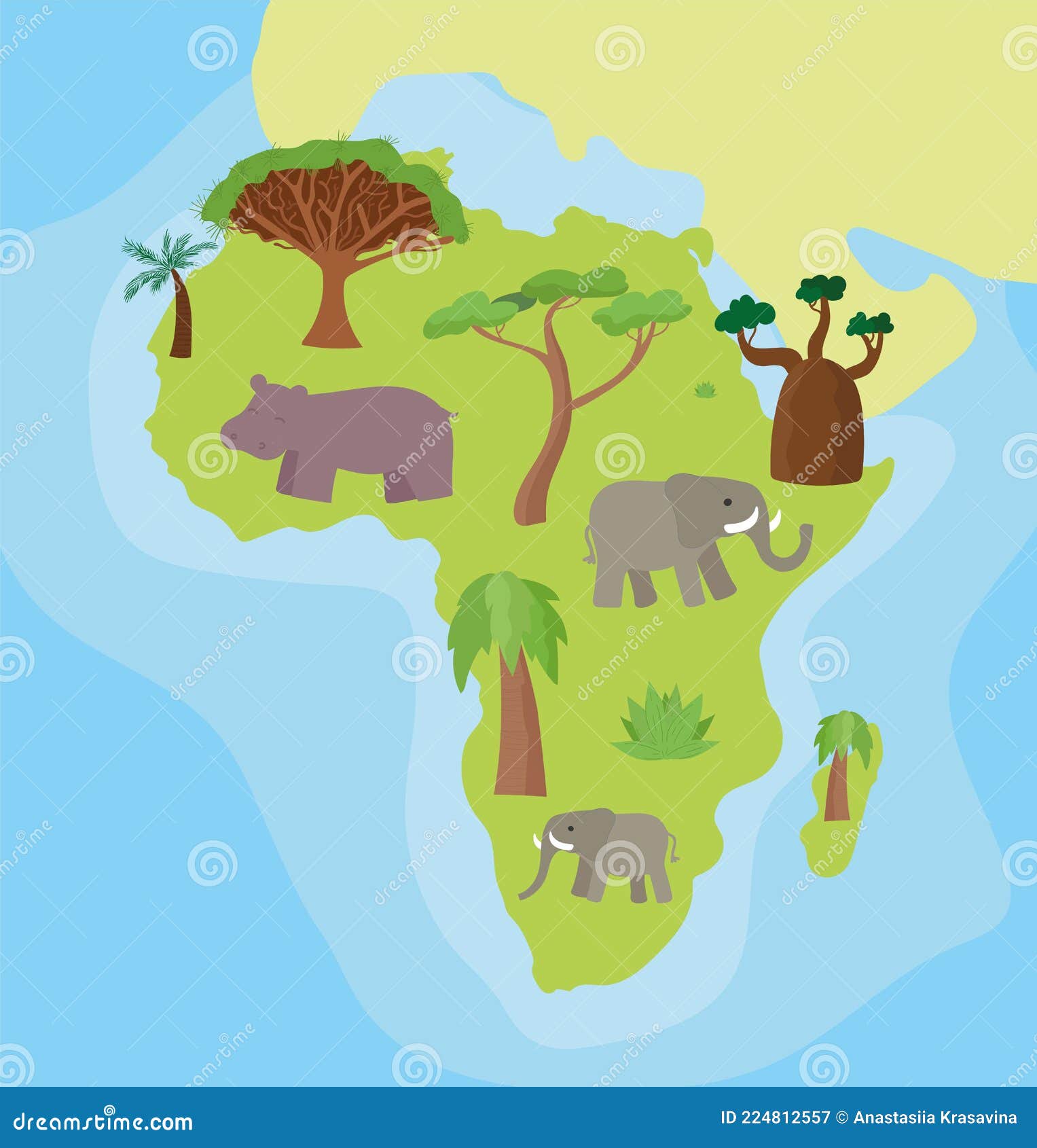 cartoon hand drawn illustrated map of africa with endemc trees, plants and madagascar island. dragon tree, palm tree