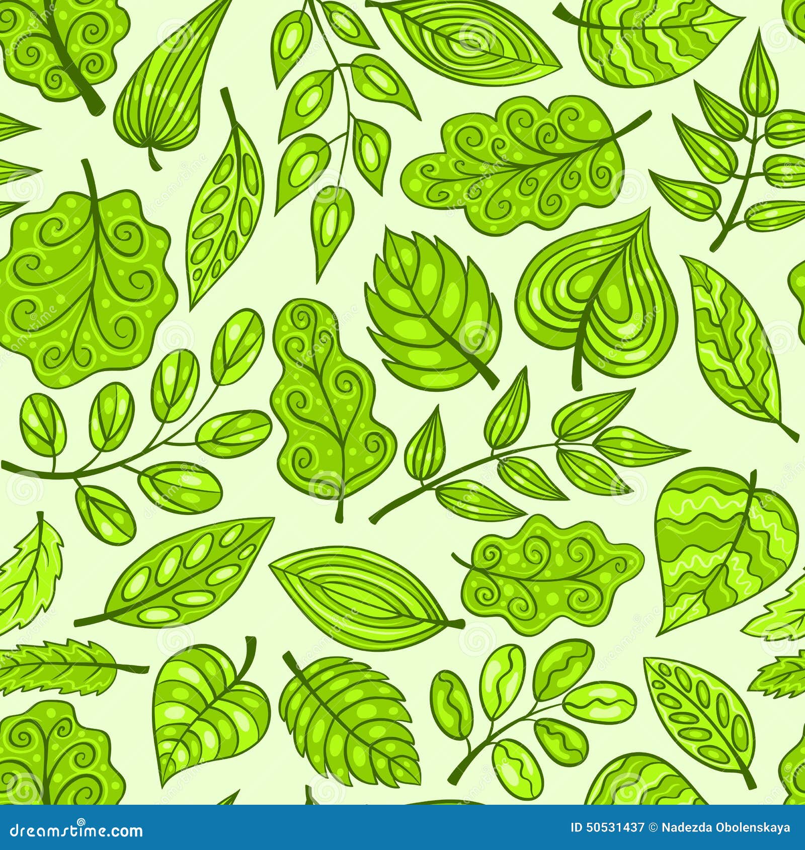 Cartoon Hand-drawn Seamless Pattern with Spring Leaves Stock Vector