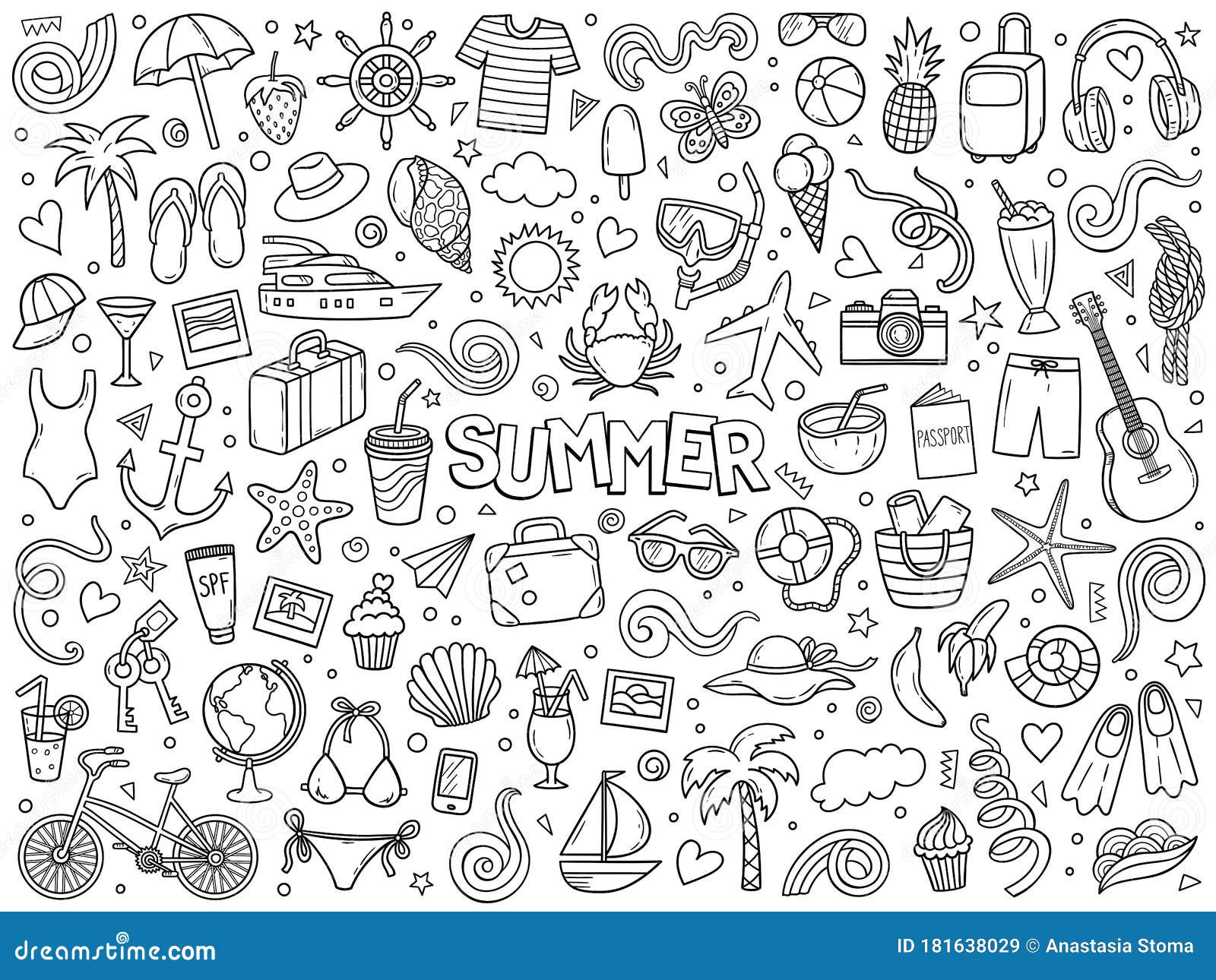 Cartoon Hand Drawn Vector Doodle Set of Summer and Vacation Stock ...