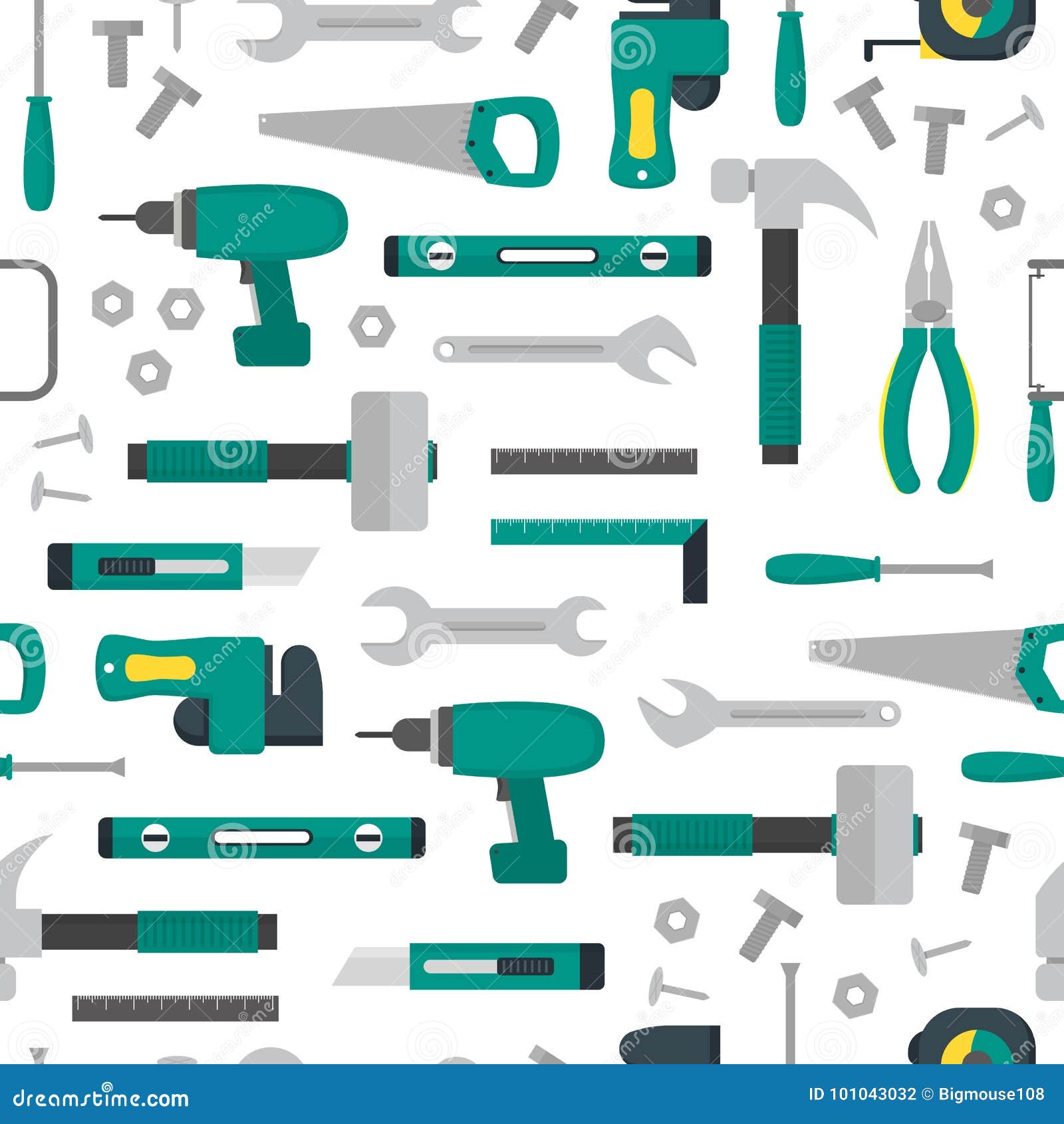 Cartoon Hand Tools Background Pattern on a White. Vector Stock Vector