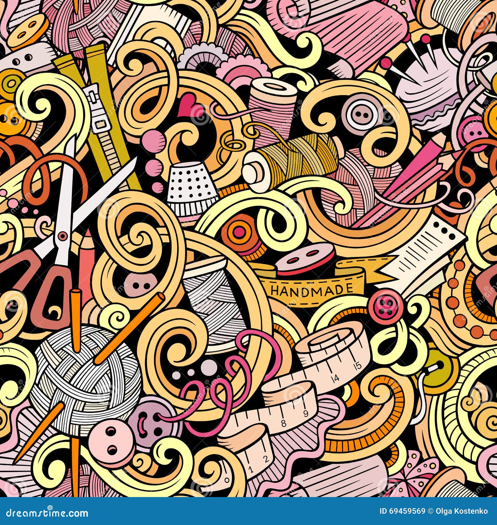 Cartoon Handmade and Sewing Doodles Seamless Pattern Stock Vector