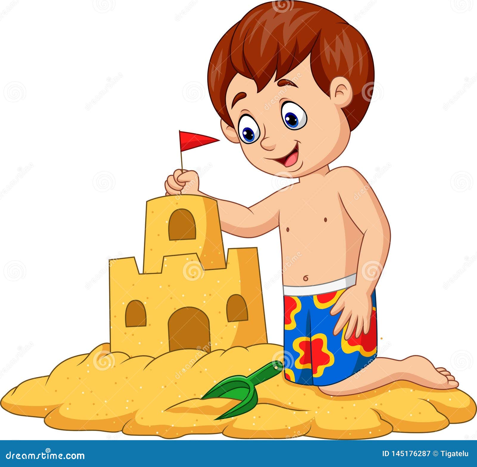 Cartoon Happy Boy Making Sand Castle Stock Vector - Illustration of  adorable, holiday: 145176287