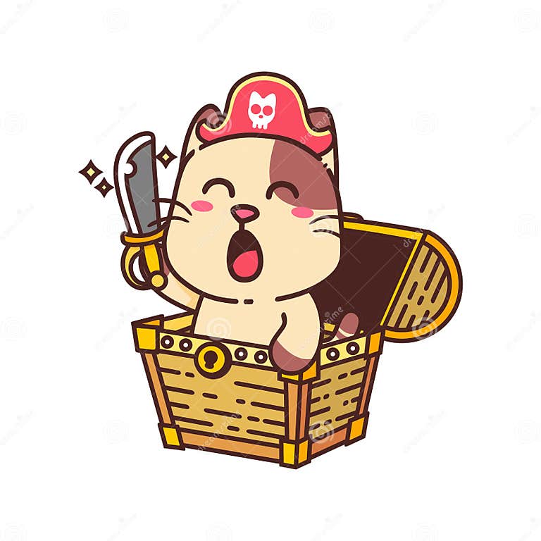 Happy Brown Cat Pirate In Treasure Chest Box Cartoon Doodle Vector