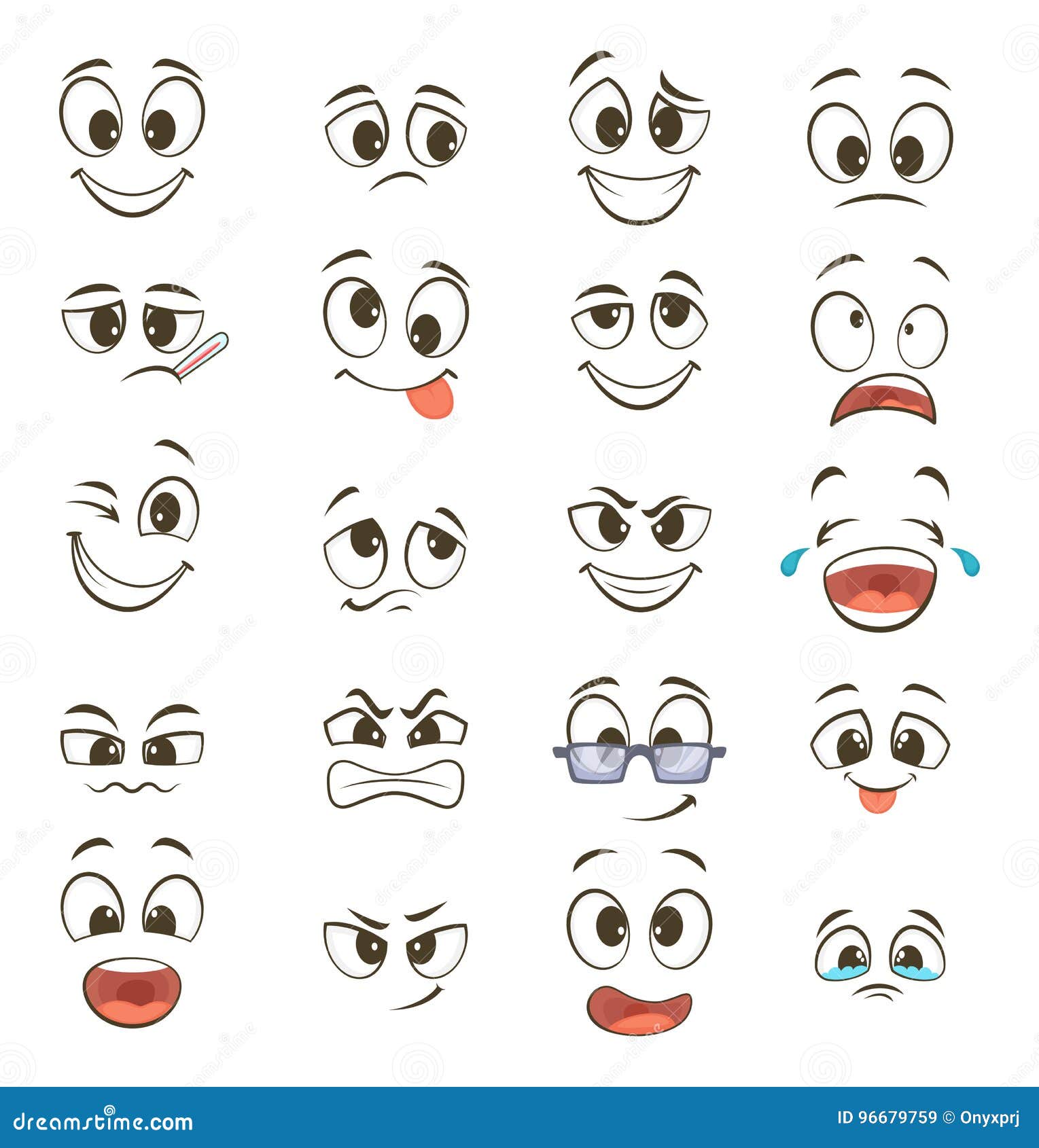Download Cartoon Happy Faces With Different Expressions. Vector ...