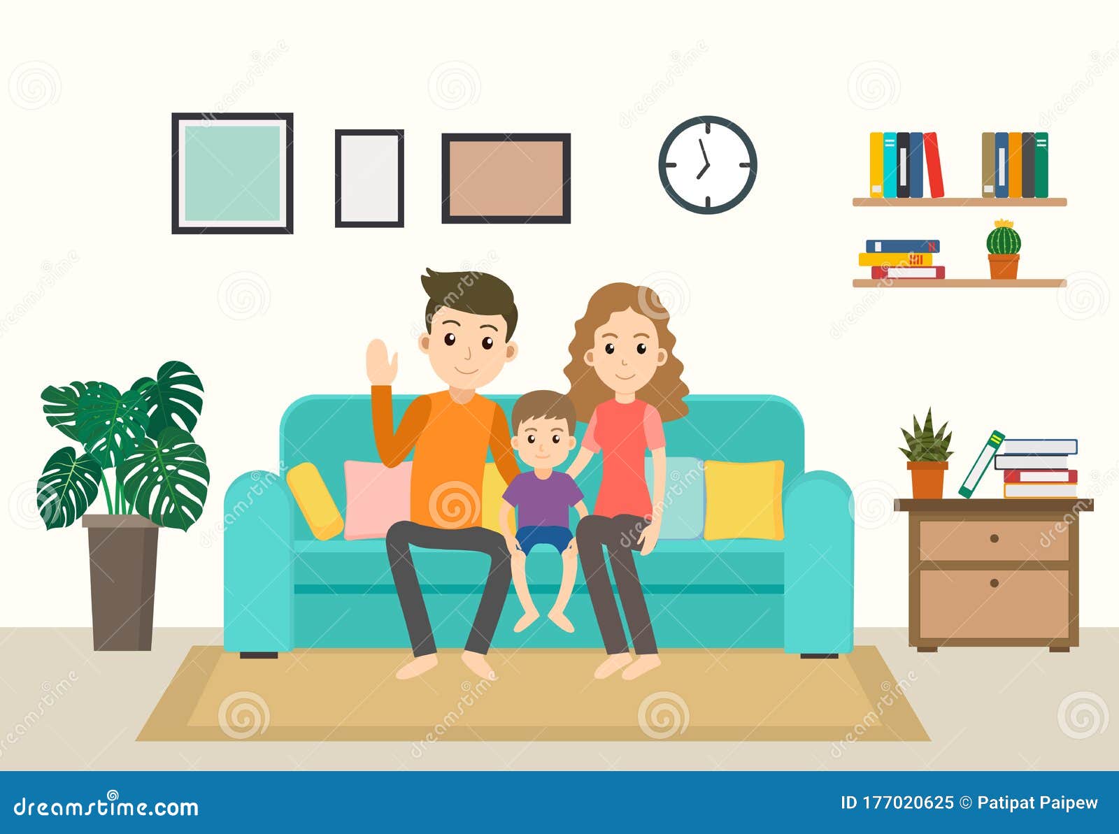 Cartoon Happy Family Stay Home On Sofa In The Living Room Stock  Illustration - Illustration Of Room, Adult: 177020625