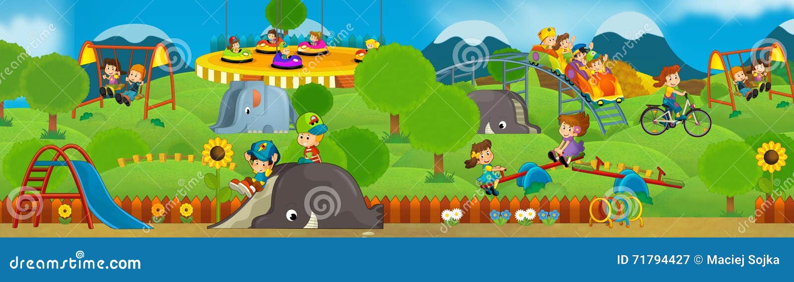 Cartoon Happy and Funny Traditional Scene with Amusement Park Stock  Illustration - Illustration of joyful, background: 71794427