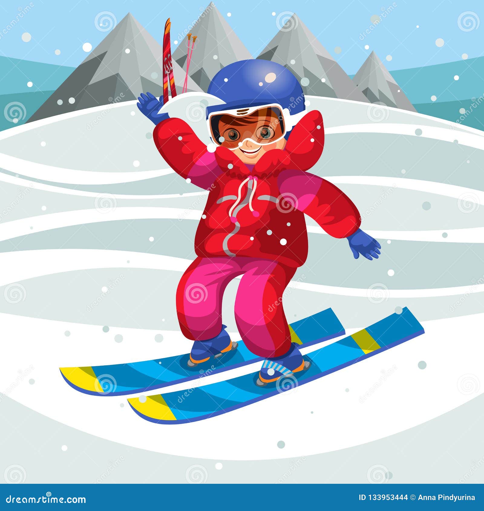 Cartoon Happy Kid Learning How To Ski on Holiday Stock Vector ...