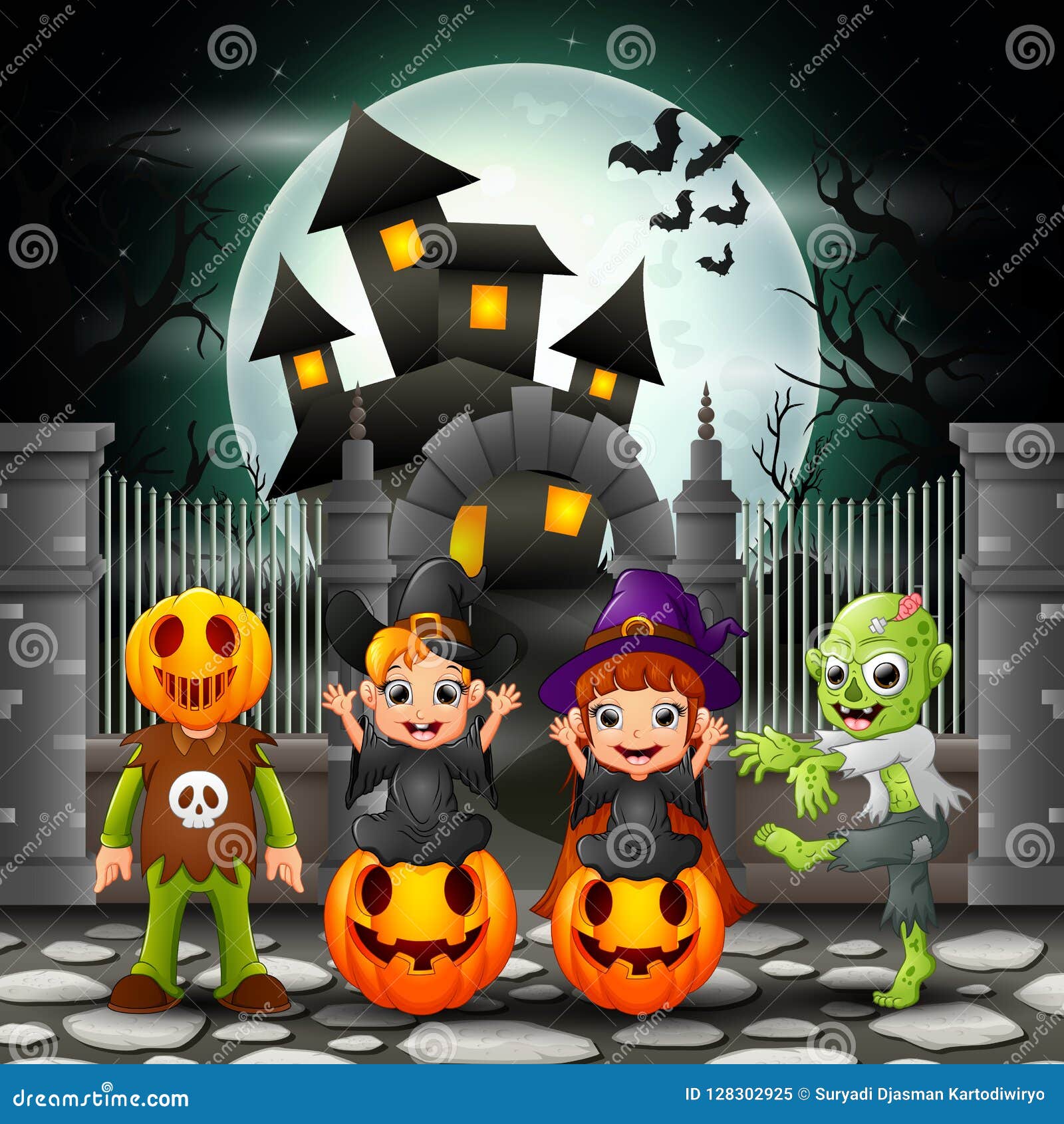 Cartoon Happy Kids with Halloween Background Stock Vector ...
