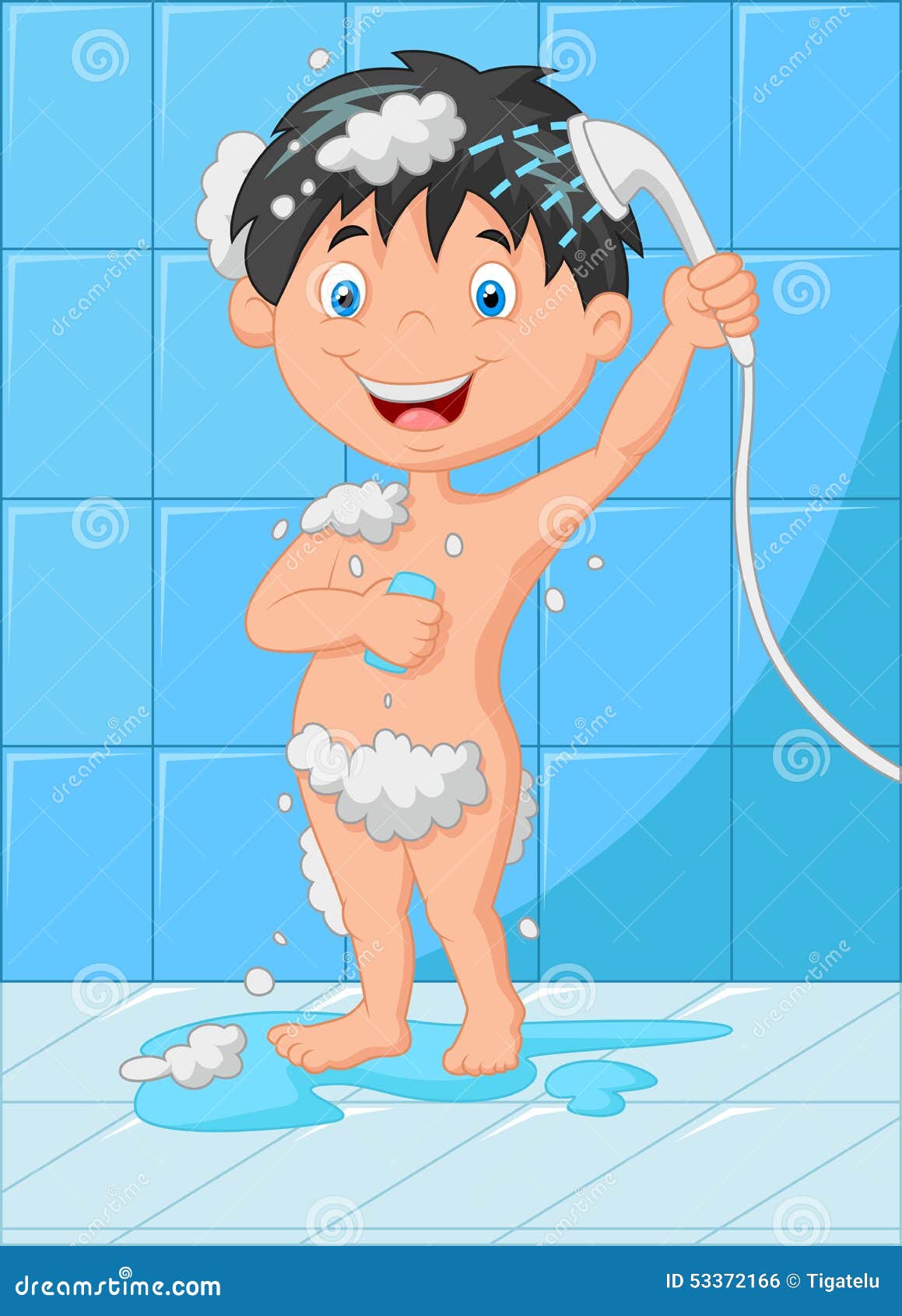 Cartoon Happy Little Kid Bathing Stock Vector - Illustration of shower,  funny: 53372166