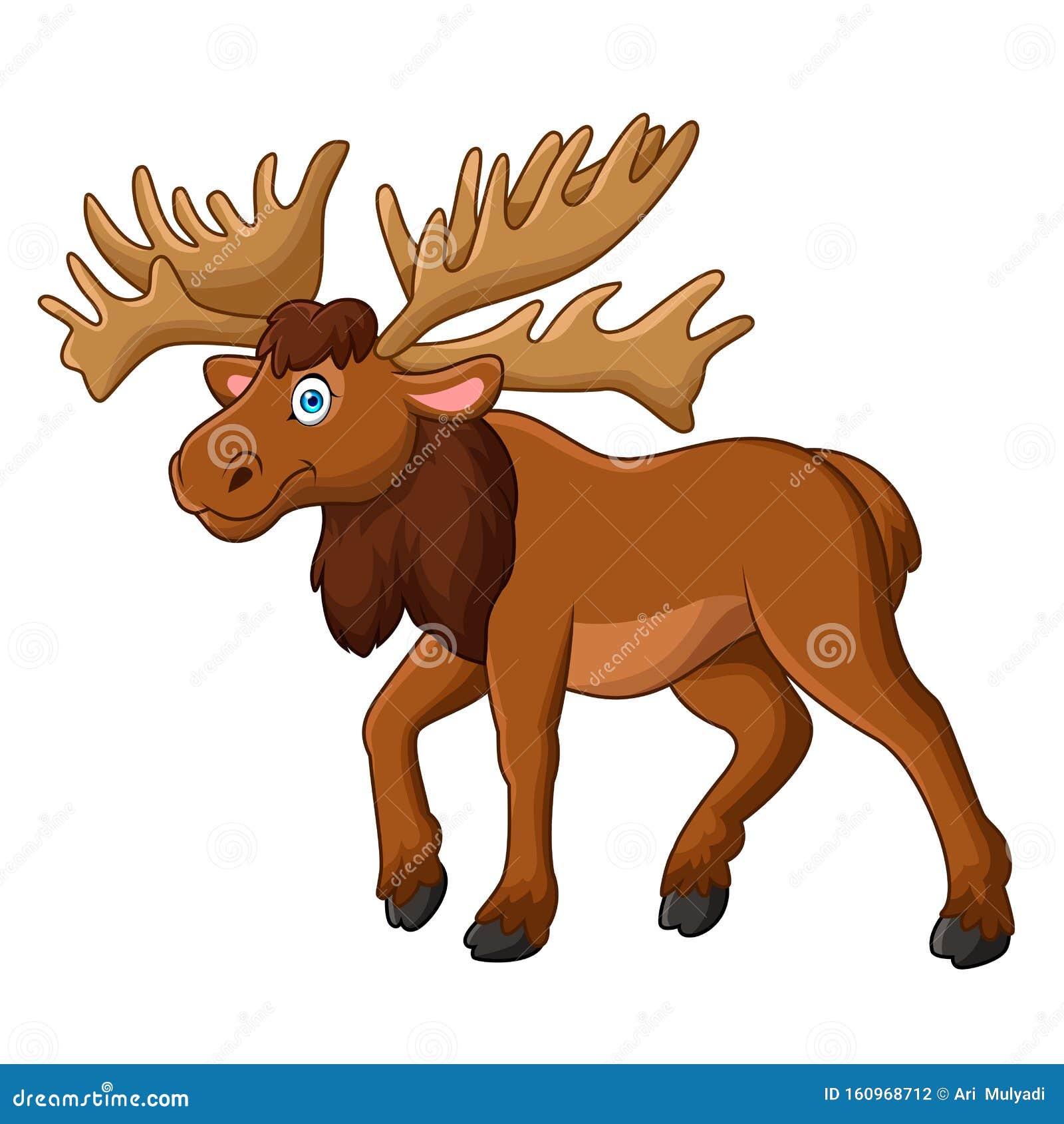 Cartoon Happy Moose With Big Horns Isolated On White Background Stock