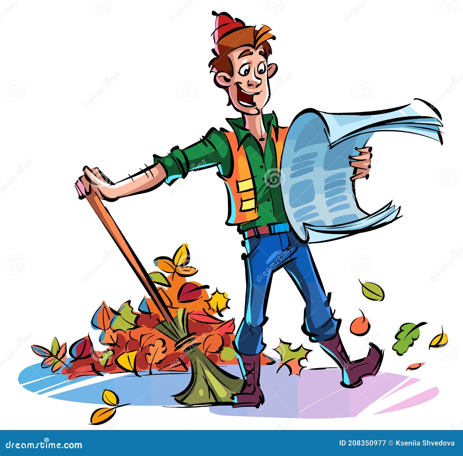 Cartoon Happy Yard Man Sweeps Autumn Leaves with a Broom and Reads the ...