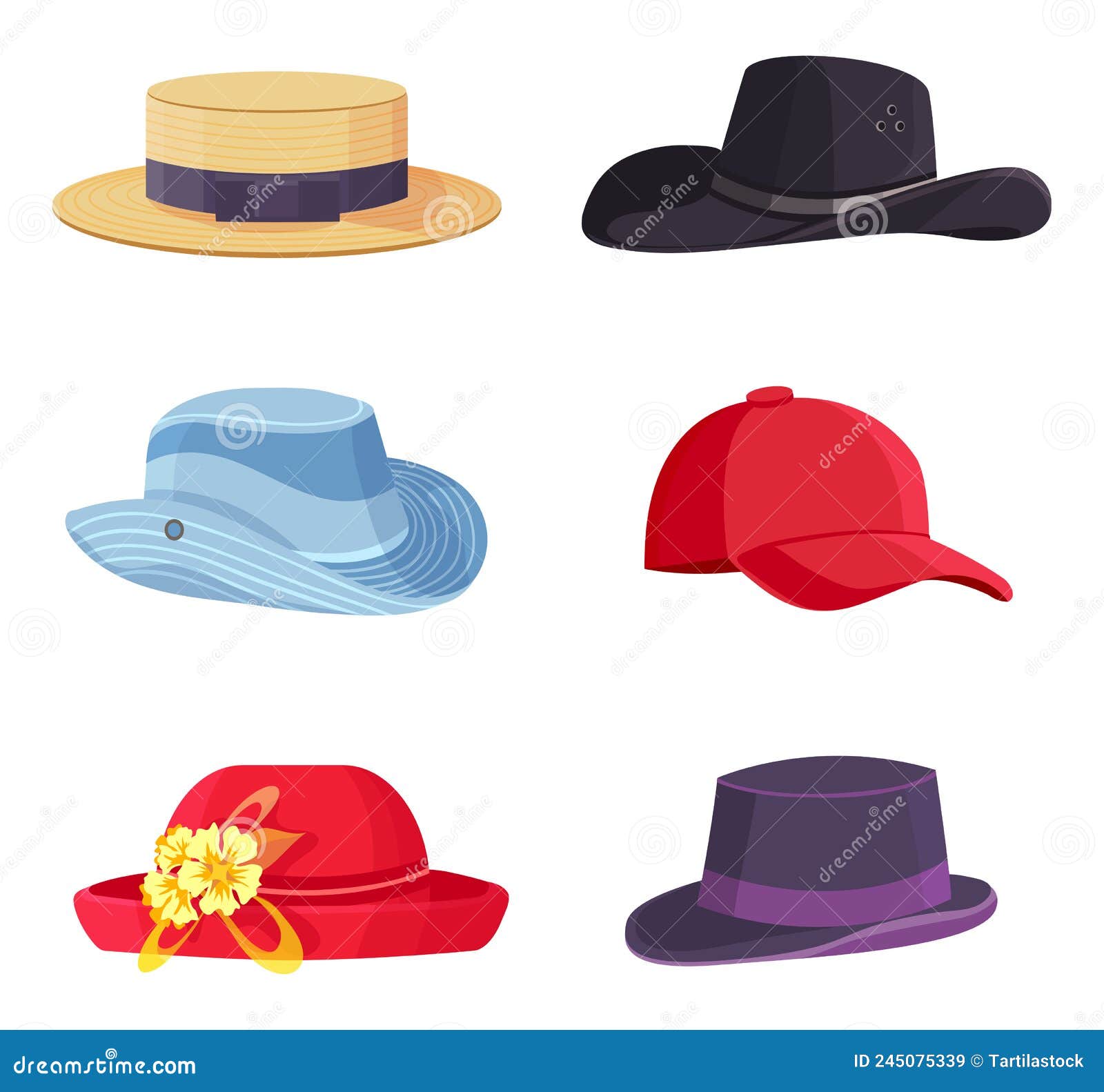 Cartoon Headwear. Beach Straw Hat, Fedora, Baseball Cap Stock Vector ...