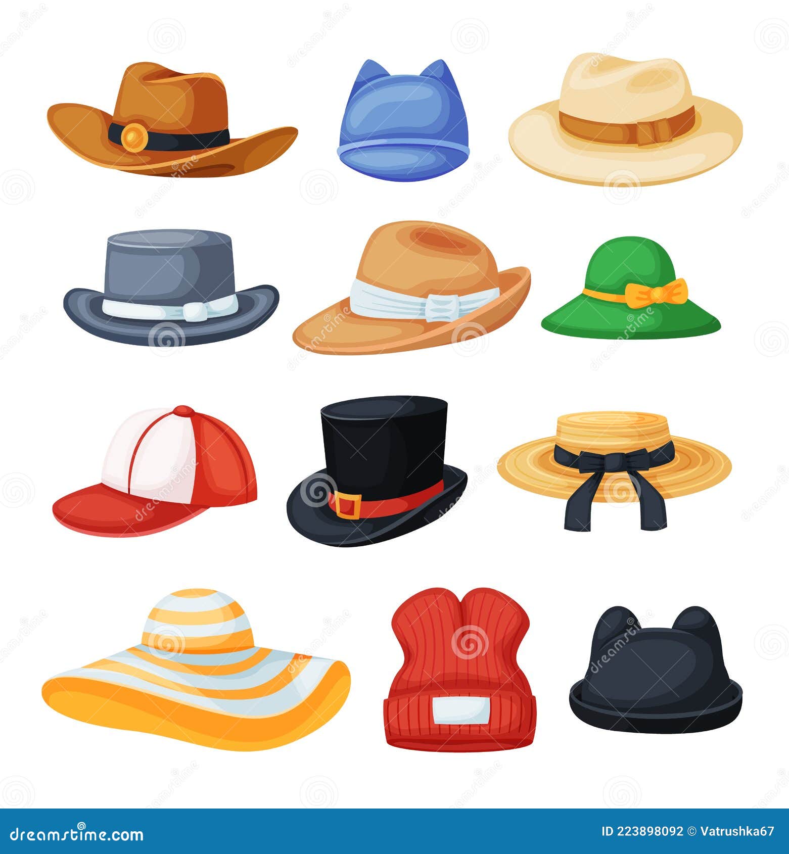 Cartoon Headwear. Cowboy Hat, Fedora, Beach Sun Hat, Baseball Cap ...