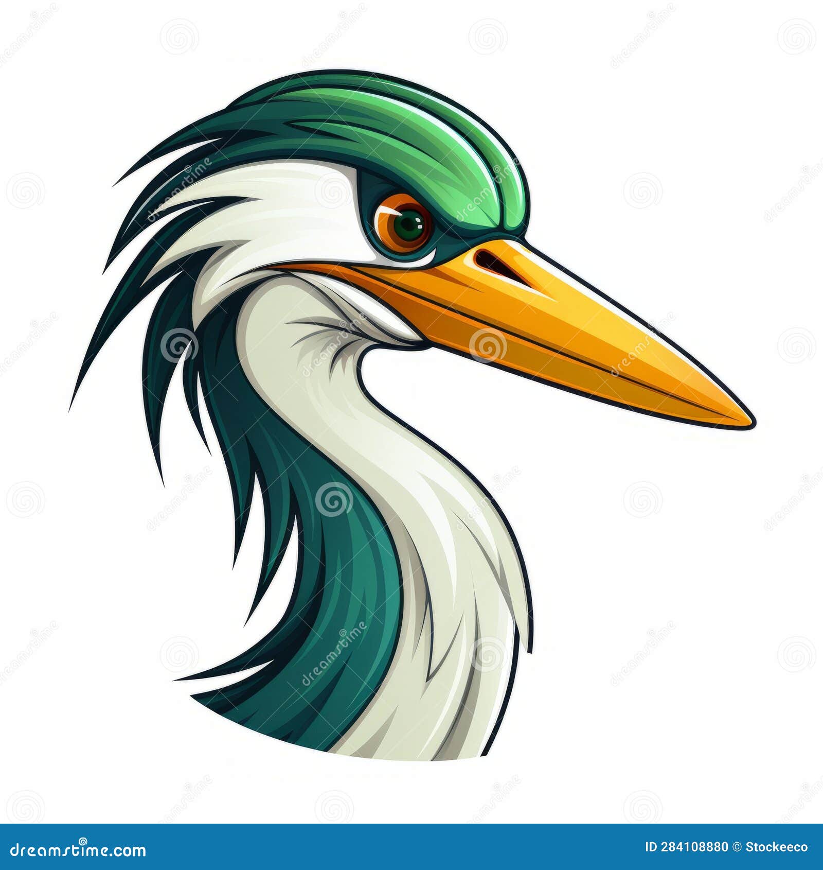 cartoon heron mascot: dark white and emerald 