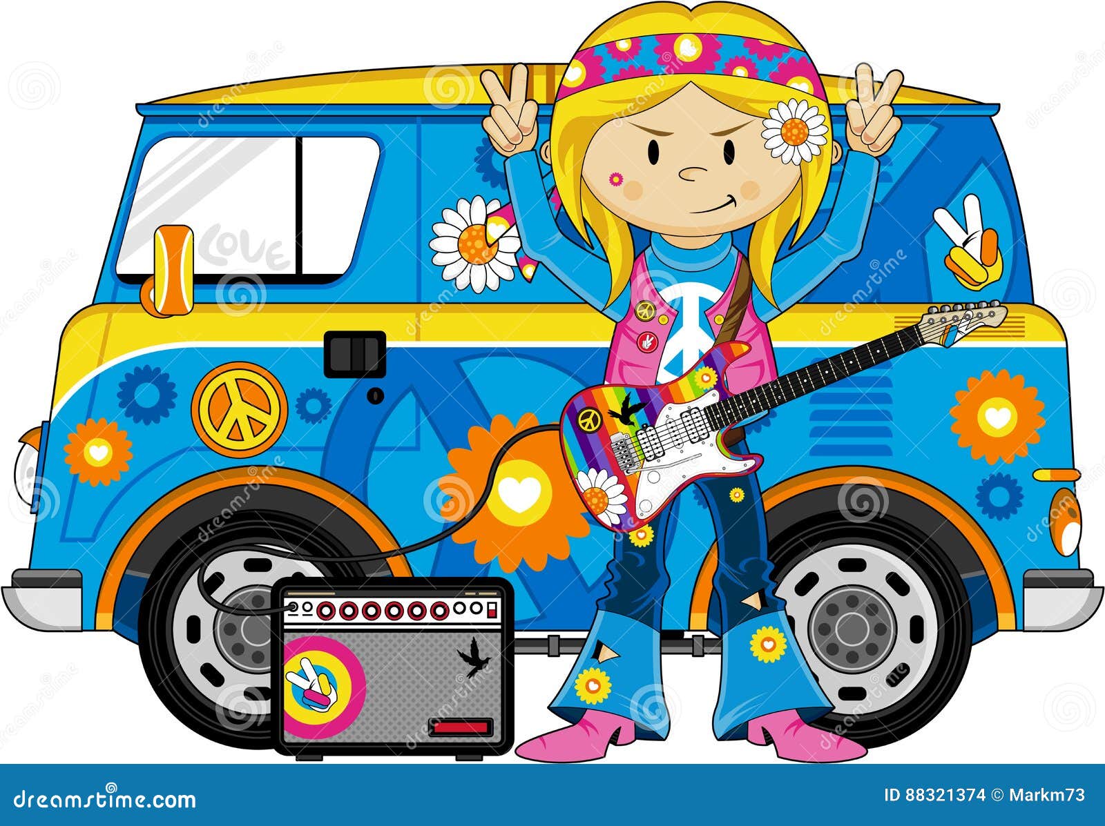 Cartoon Hippie With Camper Van Vector Illustration | CartoonDealer.com