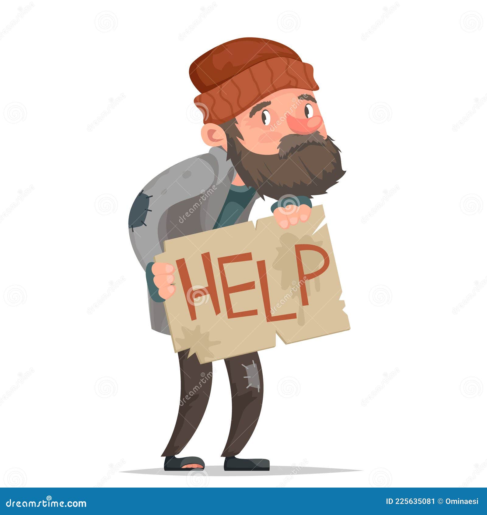 Cartoon Homeless Piece Cardboard Inscription Paper Help Character Vector  Illustration Stock Vector - Illustration of urban, beggar: 225635081