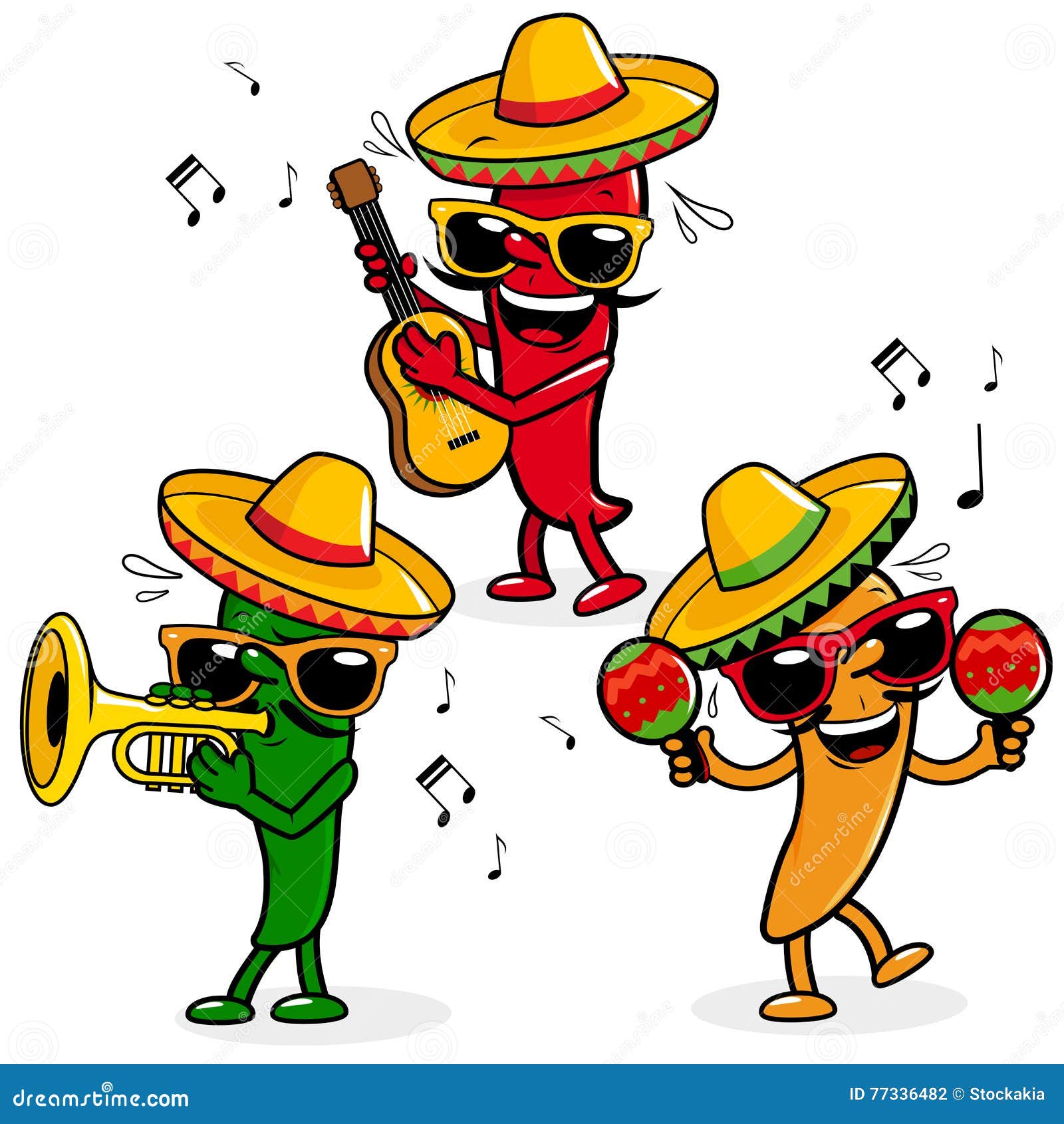 cartoon mexican mariachi chili peppers, playing music.  