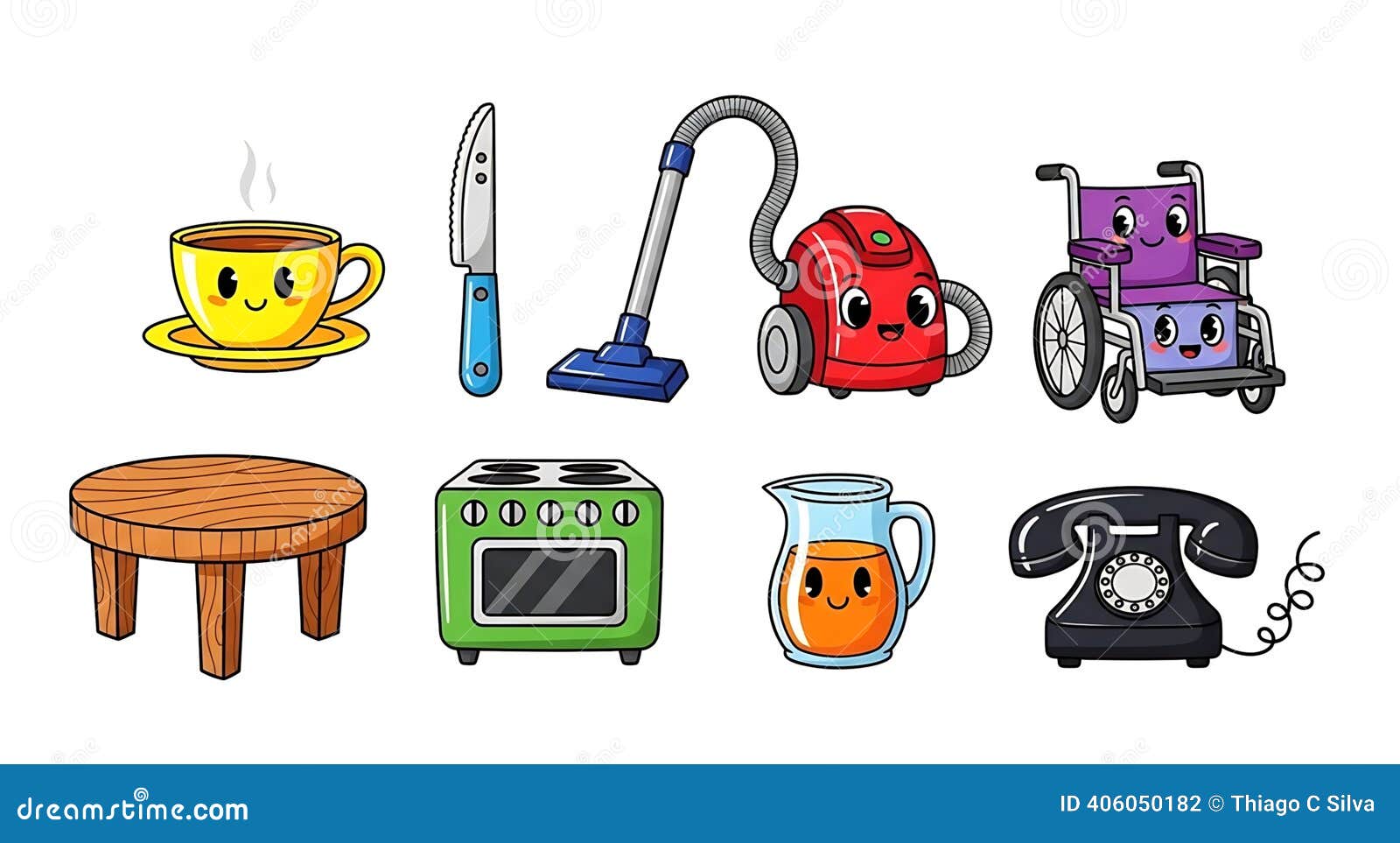 Cartoon Household Objects with Faces Arranged on a White Background Stock  Illustration - Illustration of telephone, domestic: 406050182, image size:1600x963