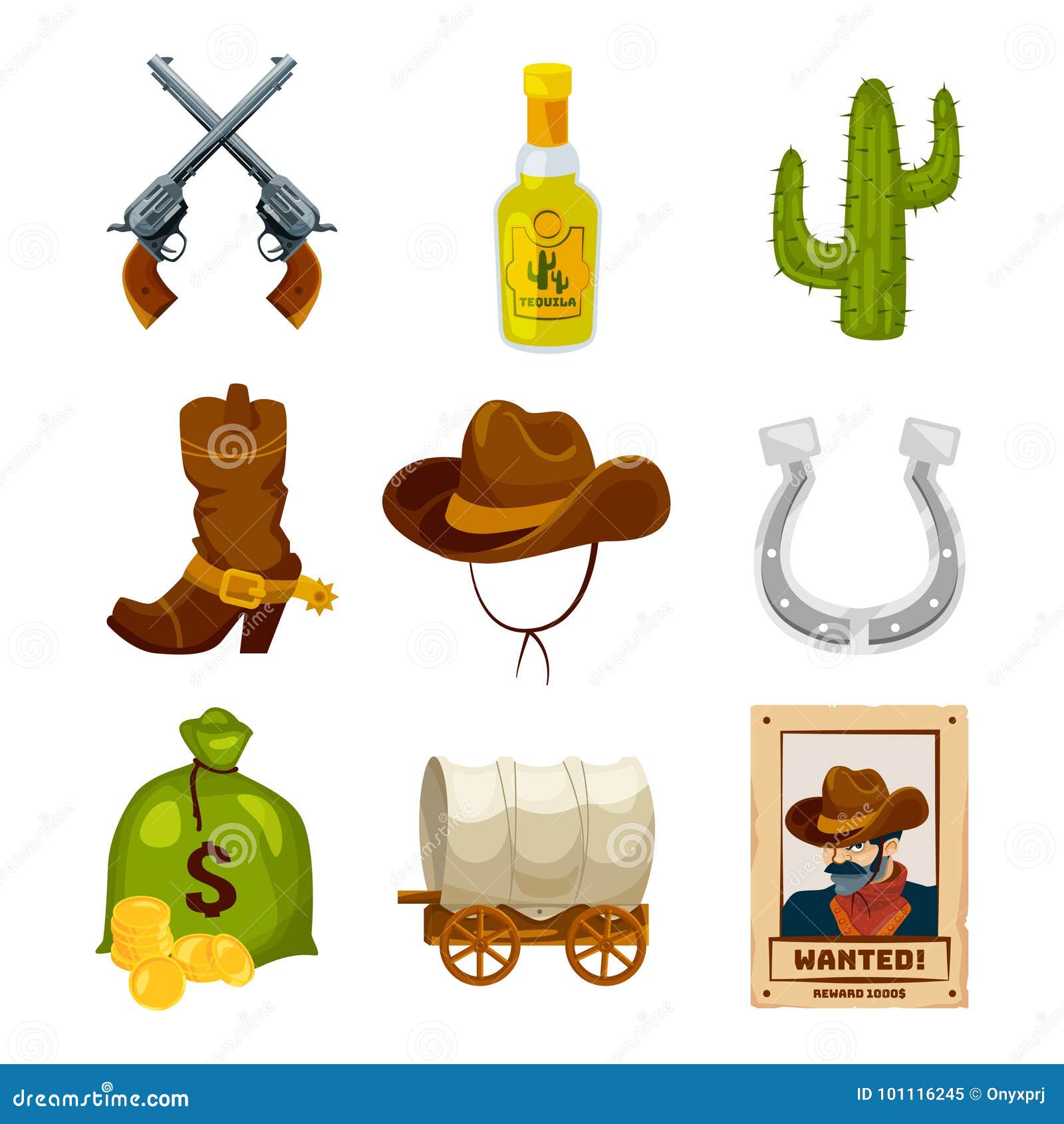 Cartoon Icon Set for Wild West Theme. Vector Illustrations Isolated Stock  Vector - Illustration of group, gold: 101116245