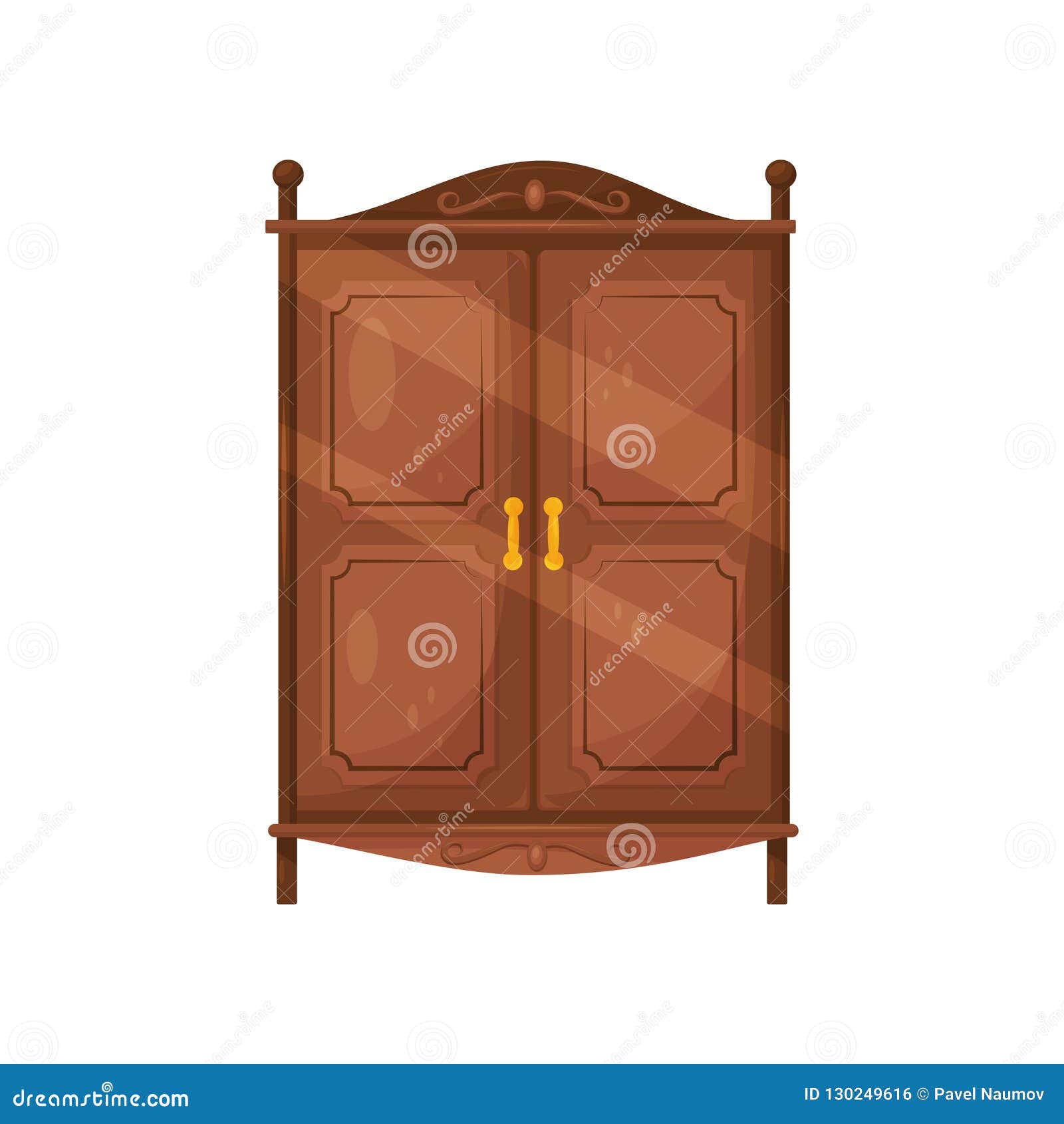 flat  icon of vintage wooden cabinet with golden handles. classic furniture for bedroom. brown cupboard