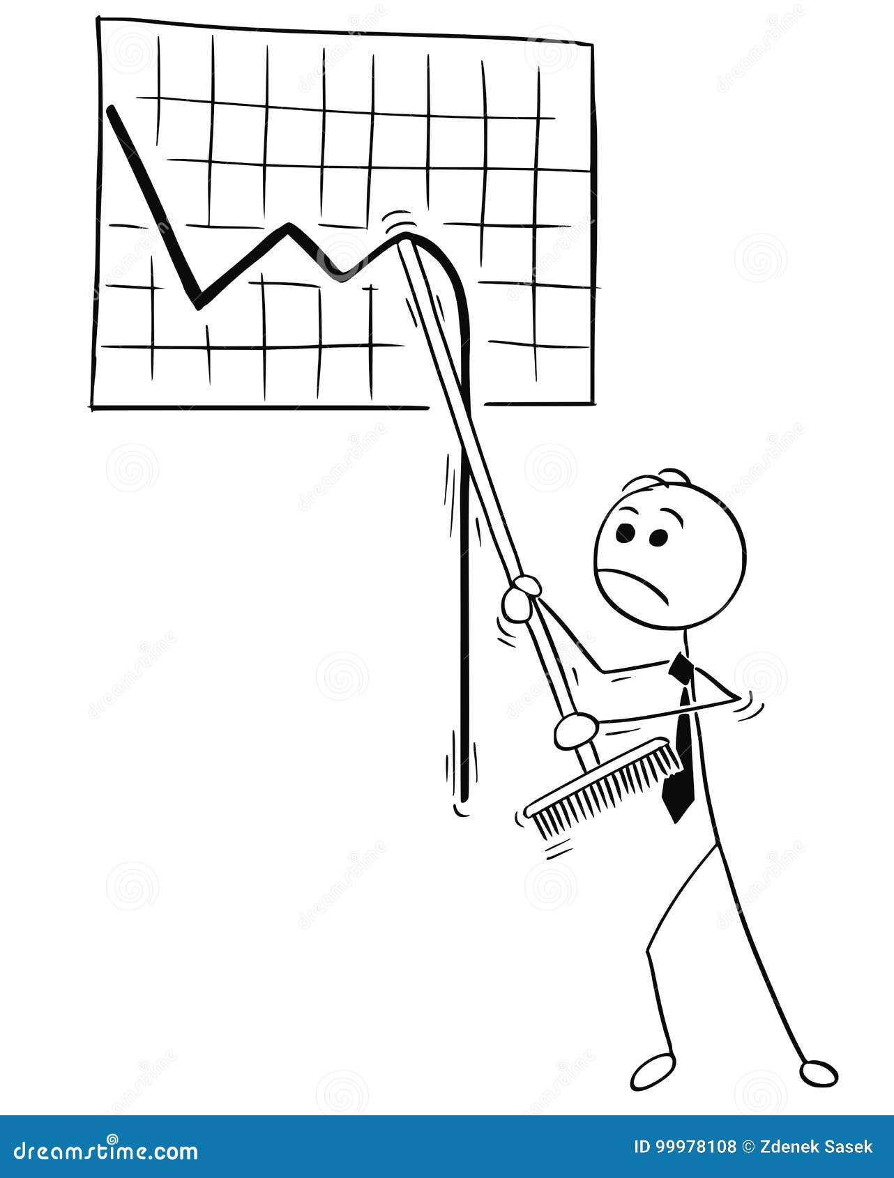 cartoon  of business man with broom trying to raise